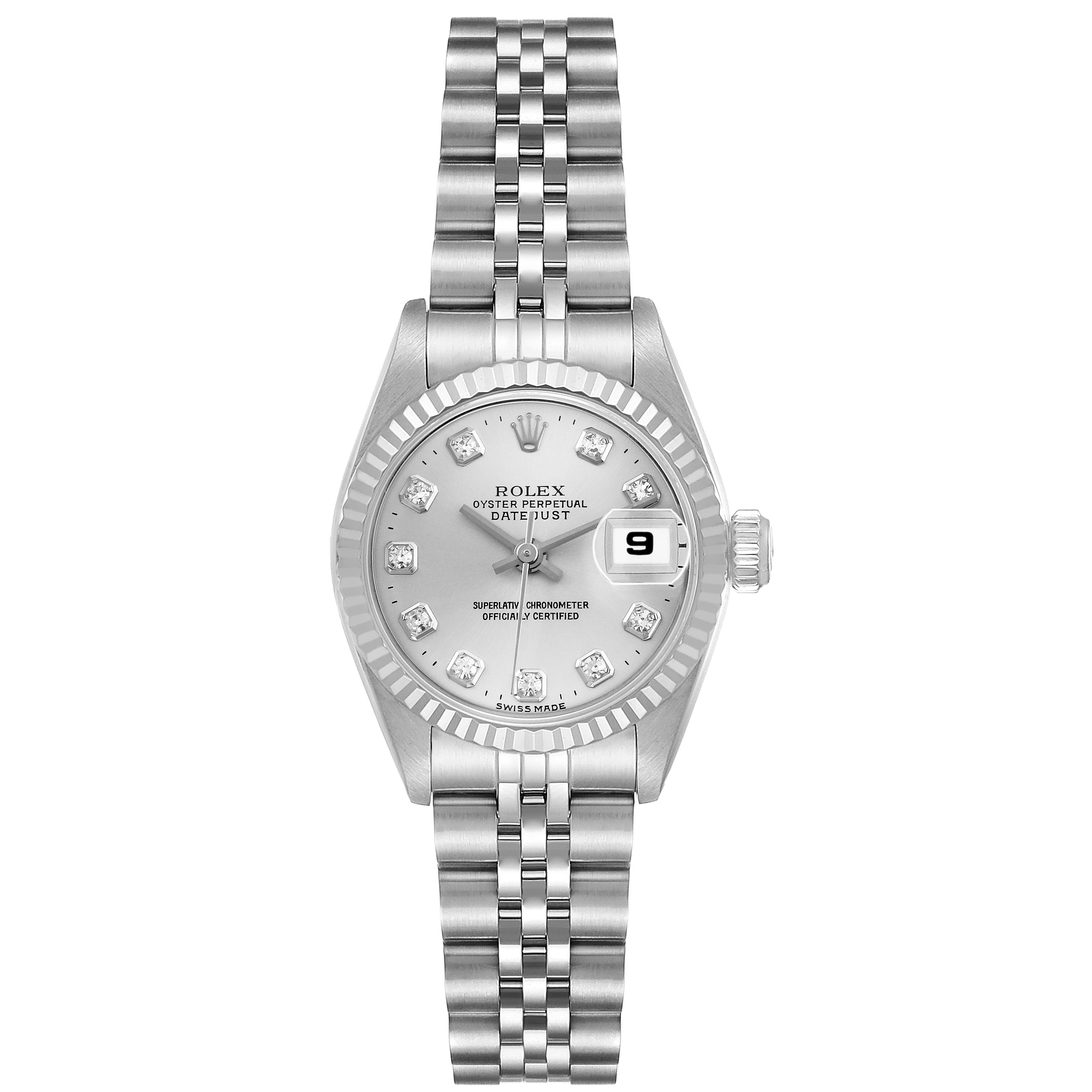 The Rolex Datejust 79174 Women
s Stainless Steel Silver Dial 79174 Women
s Stainless Steel Silver Dial watch is shown from a front angle, displaying the dial, bezel, crown, and bracelet.