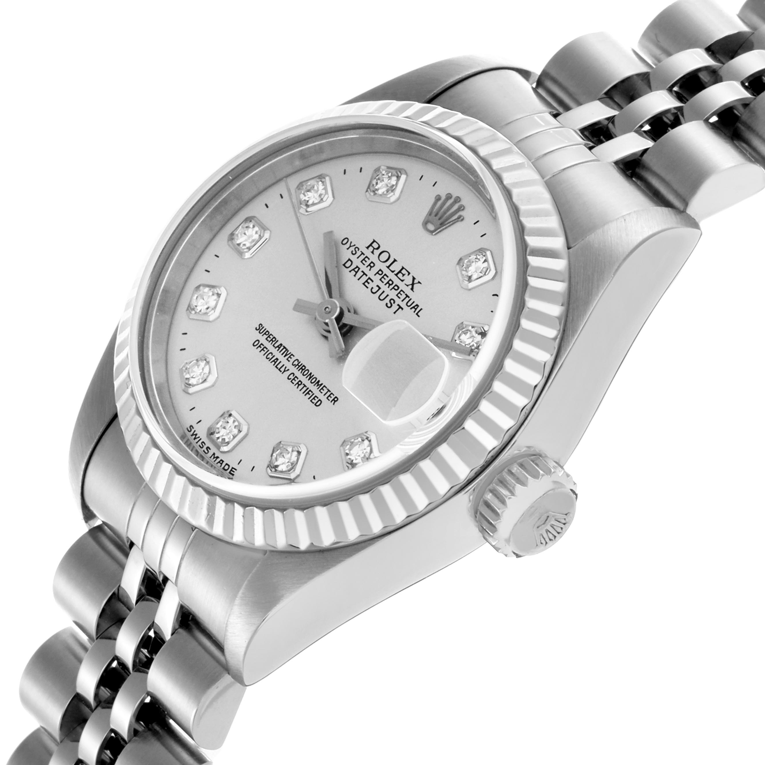 The Rolex Datejust 79174 Women
s Stainless Steel Silver Dial 79174 Women
s Stainless Steel Silver Dial watch is shown at an angled side view, highlighting the dial, bezel, crown, and part of the bracelet.