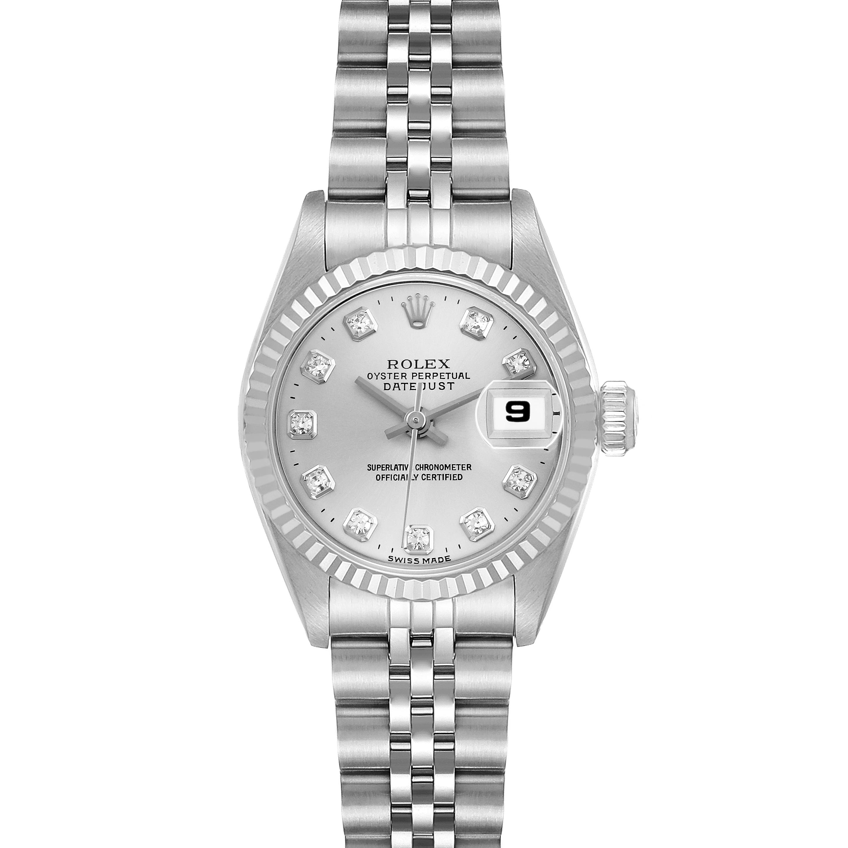 The Rolex Datejust 79174 Women
s Stainless Steel Silver Dial 79174 Women
s Stainless Steel Silver Dial watch is shown from a top view, displaying its face, bezel, bracelet, crown, and date window.