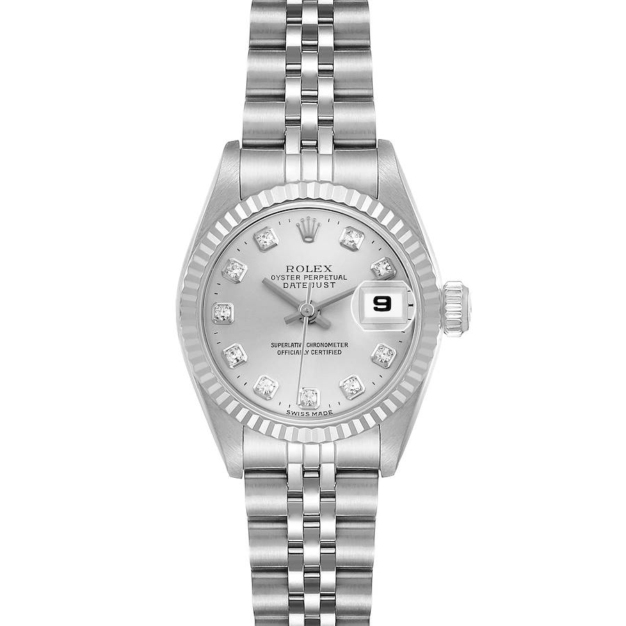 The Rolex Datejust watch is shown from a top view, displaying its face, bezel, bracelet, crown, and date window.