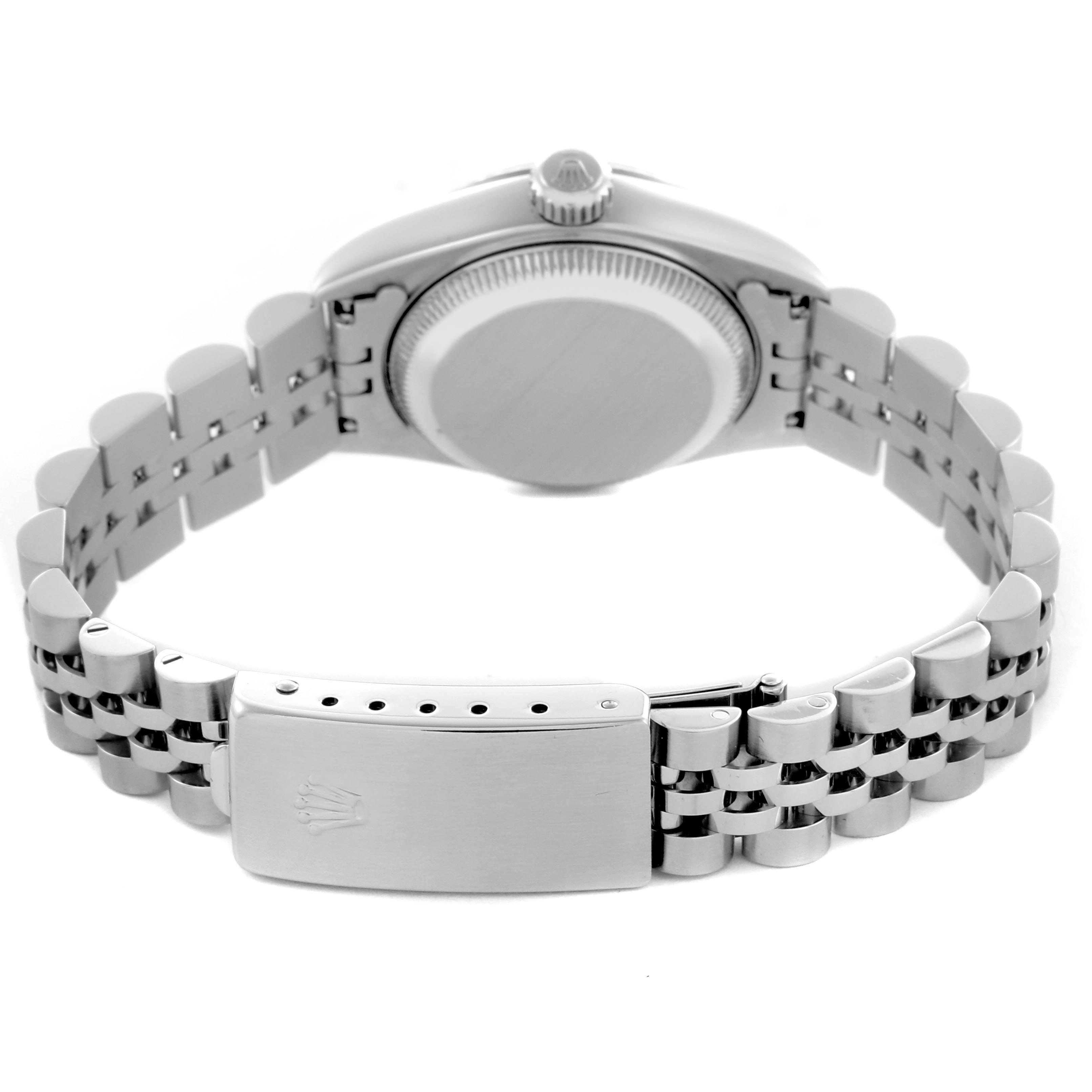 The image shows the back of a Rolex Datejust 79174 Women
s Stainless Steel Silver Dial 79174 Women
s Stainless Steel Silver Dial watch, focusing on the clasp and bracelet.