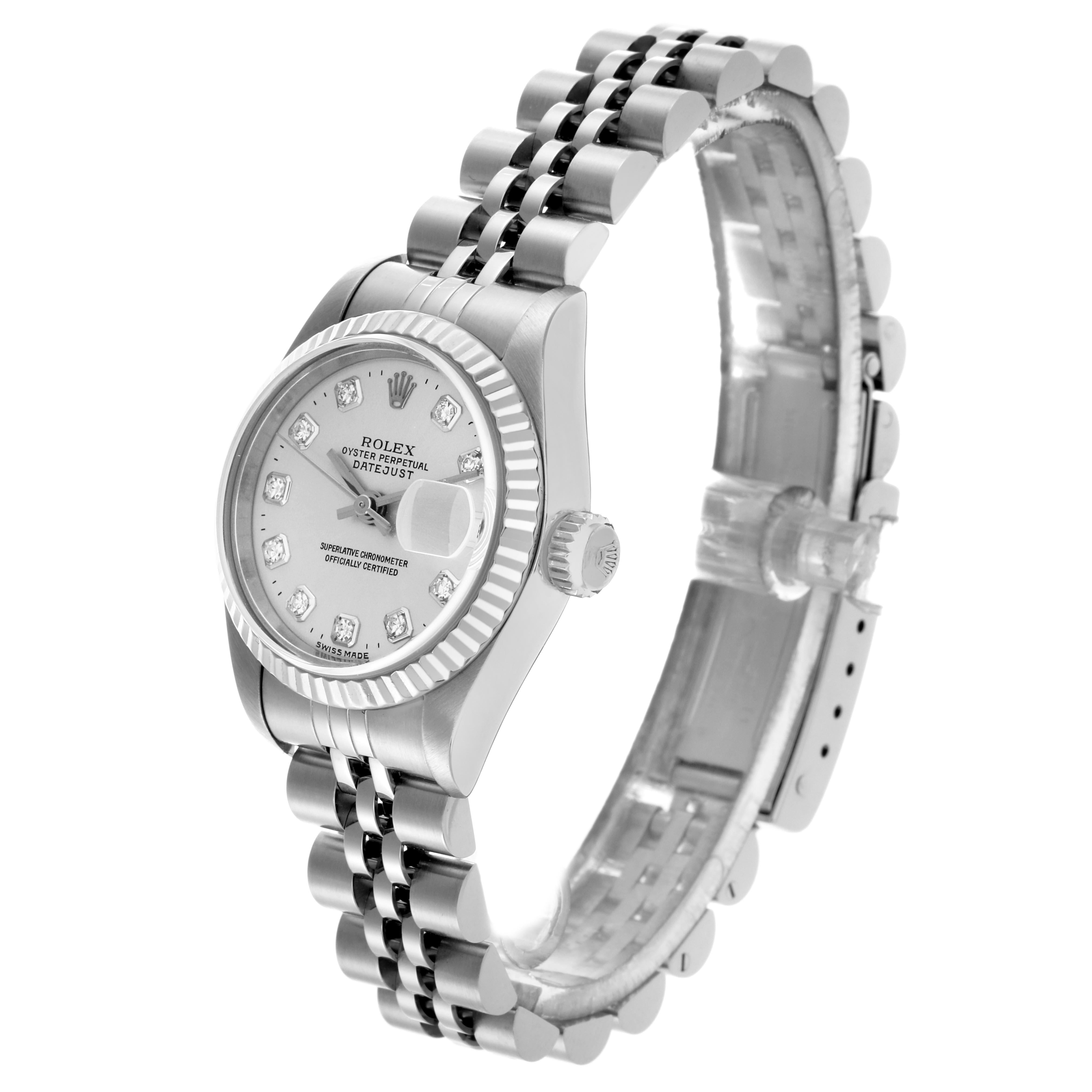 The Rolex Datejust 79174 Women
s Stainless Steel Silver Dial 79174 Women
s Stainless Steel Silver Dial watch is shown from an angled side view, highlighting the dial, bezel, crown, and bracelet.
