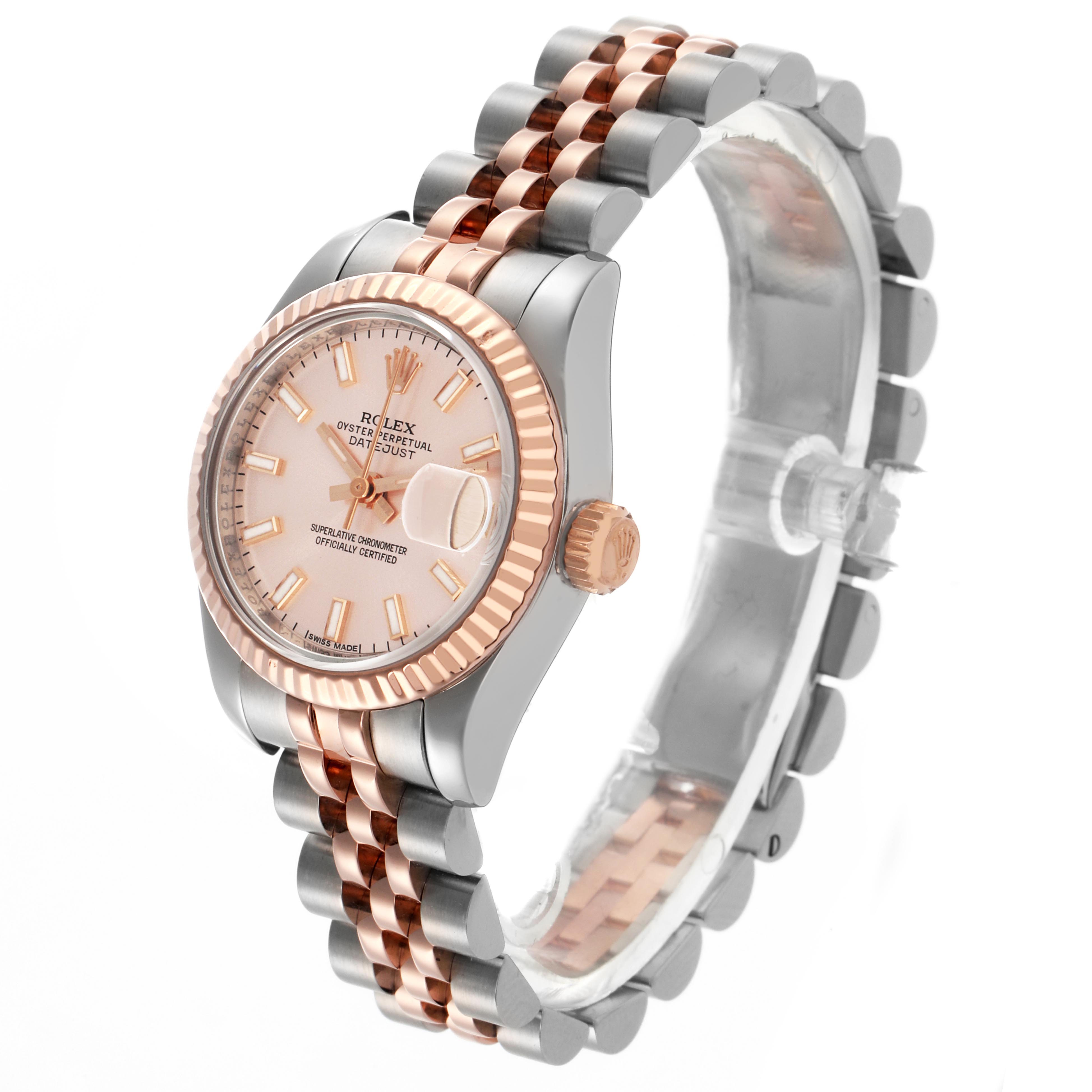 The Rolex Datejust 179171 Men
s Steel and Gold (two tone) Pink Dial 179171 Men
s Steel and Gold (two tone) Pink Dial is shown at a three-quarter angle, highlighting the face, bezel, crown, and bracelet.