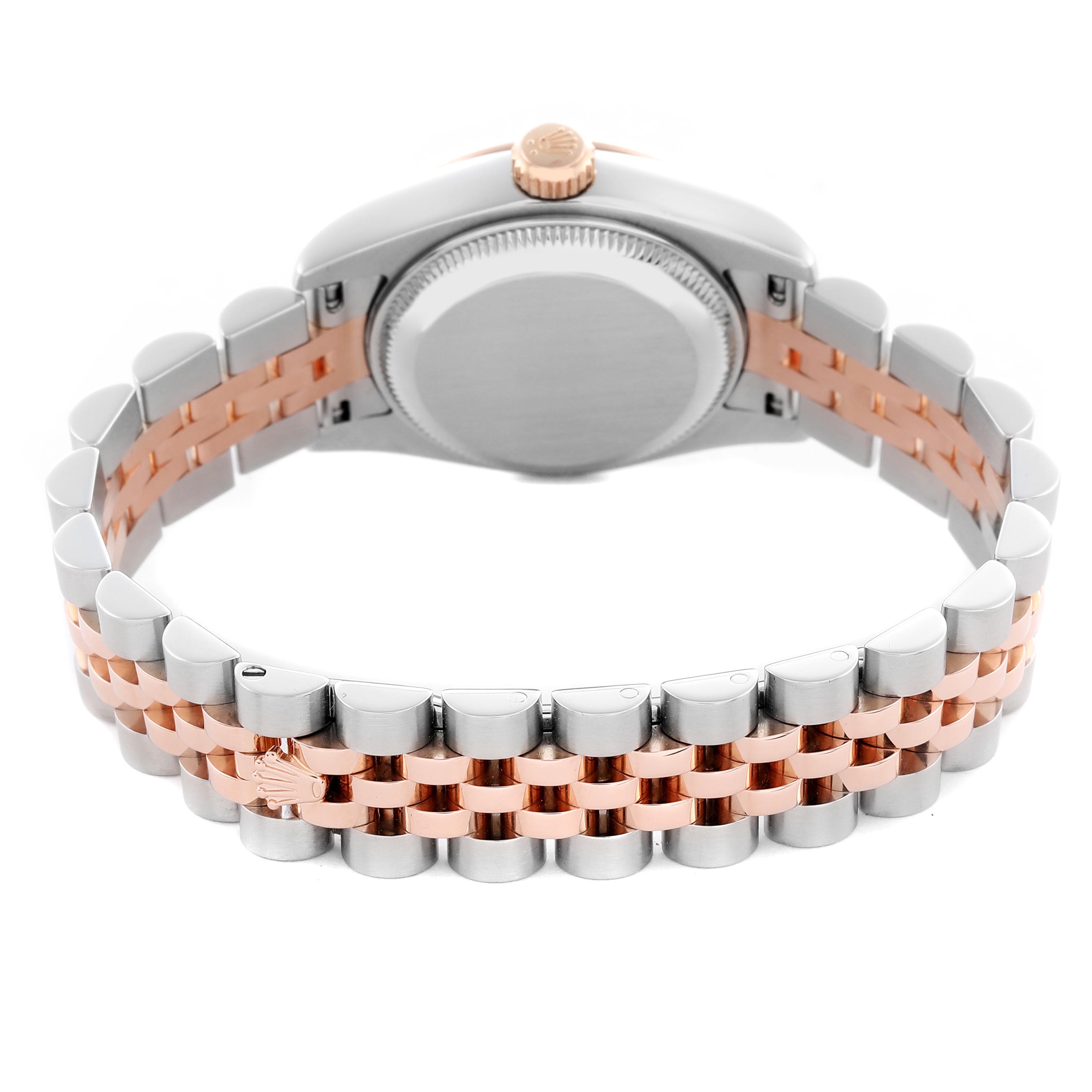 The image shows the back and bracelet of a Rolex Datejust 179171 Men
s Steel and Gold (two tone) Pink Dial 179171 Men
s Steel and Gold (two tone) Pink Dial, highlighting the two-tone Jubilee bracelet and case back.