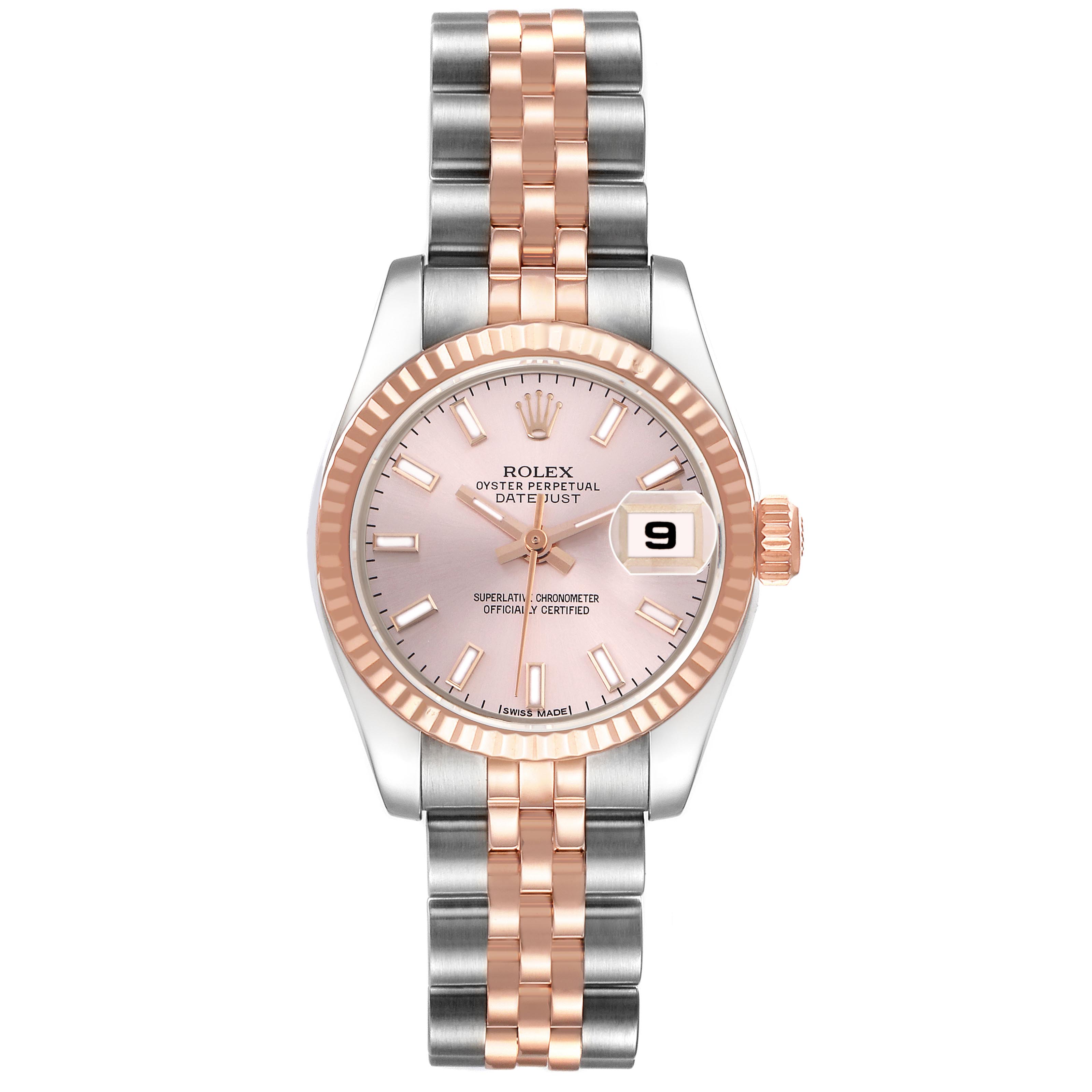 The Rolex Datejust 179171 Men
s Steel and Gold (two tone) Pink Dial 179171 Men
s Steel and Gold (two tone) Pink Dial watch is shown from a top-down angle highlighting its dial, fluted bezel, Jubilee bracelet, and date window.