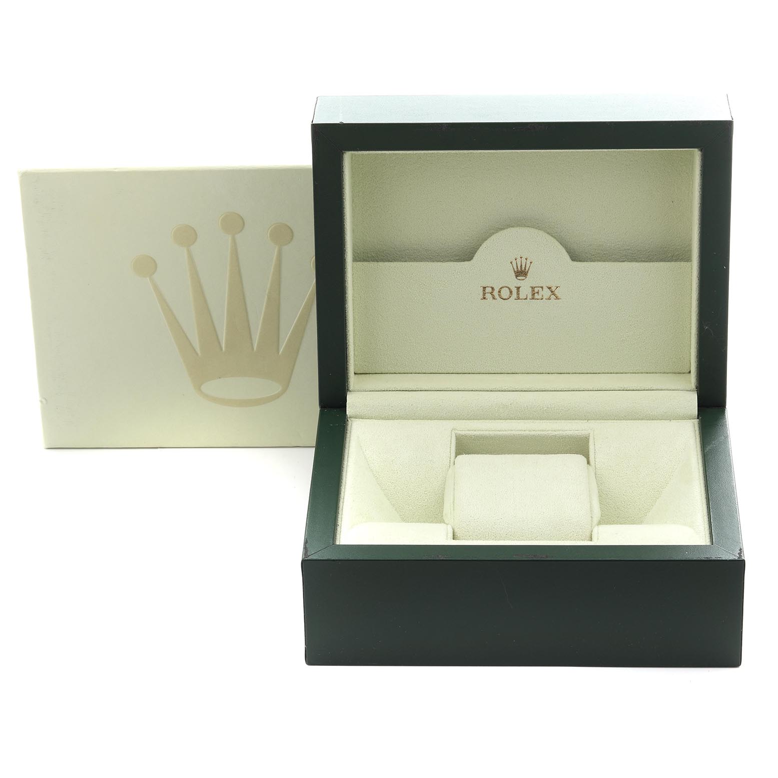 The image shows an open Rolex Datejust 179171 Men
s Steel and Gold (two tone) Pink Dial 179171 Men
s Steel and Gold (two tone) Pink Dial watch box at a slight angle, revealing the cushioned interior and logo.