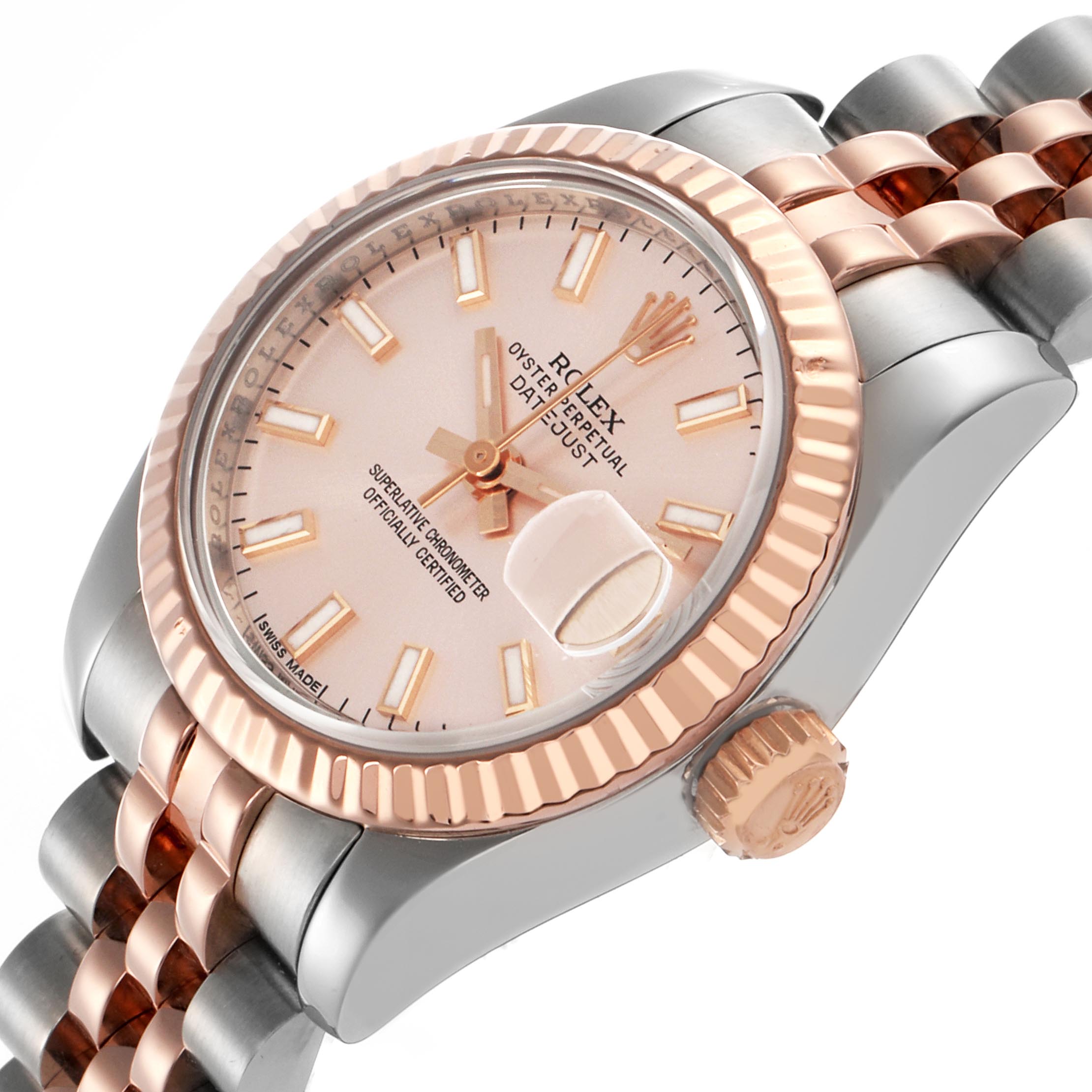 The Rolex Datejust 179171 Men
s Steel and Gold (two tone) Pink Dial 179171 Men
s Steel and Gold (two tone) Pink Dial is shown at a slight angle, highlighting the fluted bezel, crown, dial, and two-tone Jubilee bracelet.