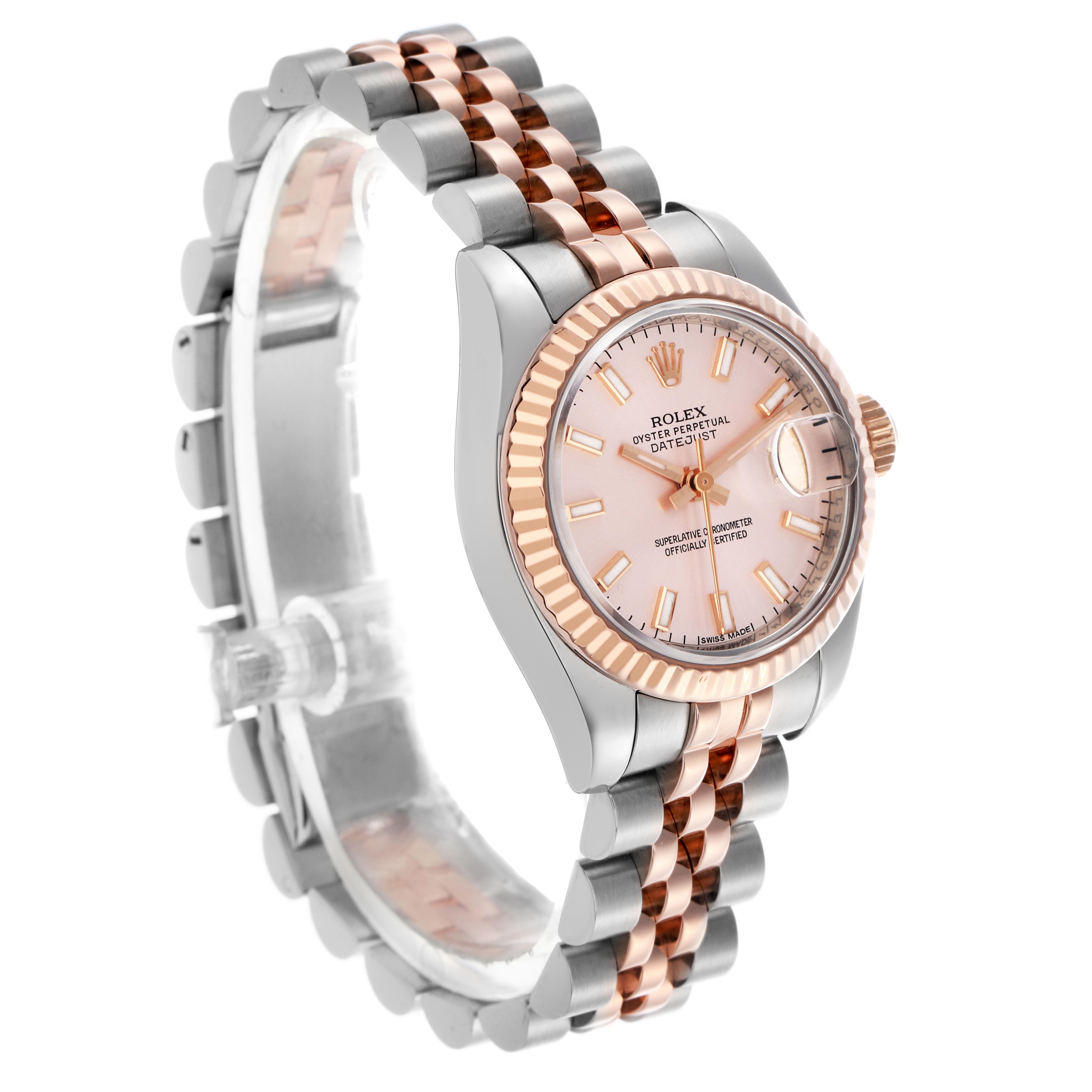 The Rolex Datejust 179171 Men
s Steel and Gold (two tone) Pink Dial 179171 Men
s Steel and Gold (two tone) Pink Dial watch is shown at a three-quarter angle, highlighting the dial, bezel, and two-tone bracelet.