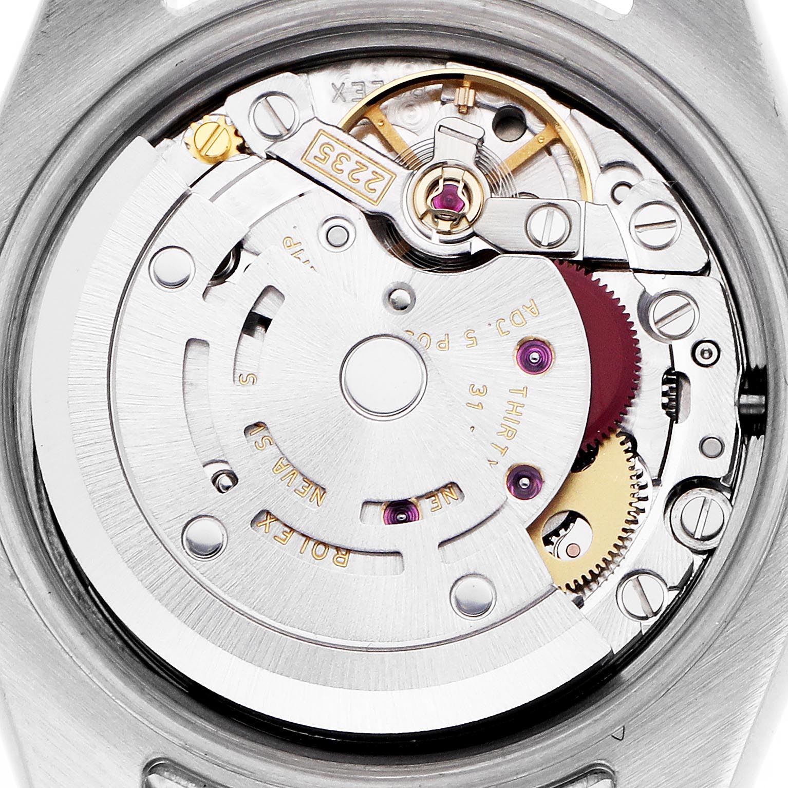 The image shows the movement of a Rolex Datejust 179171 Men
s Steel and Gold (two tone) Pink Dial 179171 Men
s Steel and Gold (two tone) Pink Dial watch from a top-down angle, highlighting gears and screws.