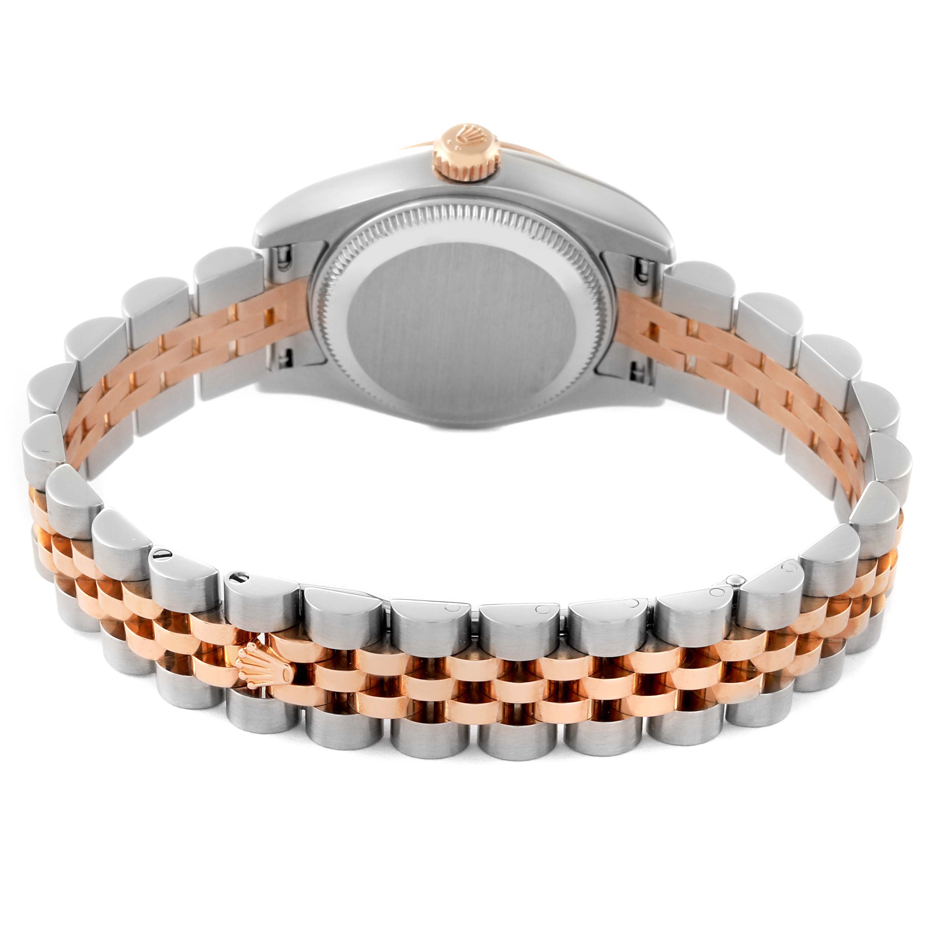 The image shows the back case and bracelet of a Rolex Datejust 179171 Women's Steel and Gold (two tone) White Dial 179171 Women's Steel and Gold (two tone) White Dial watch, viewed from the underside.