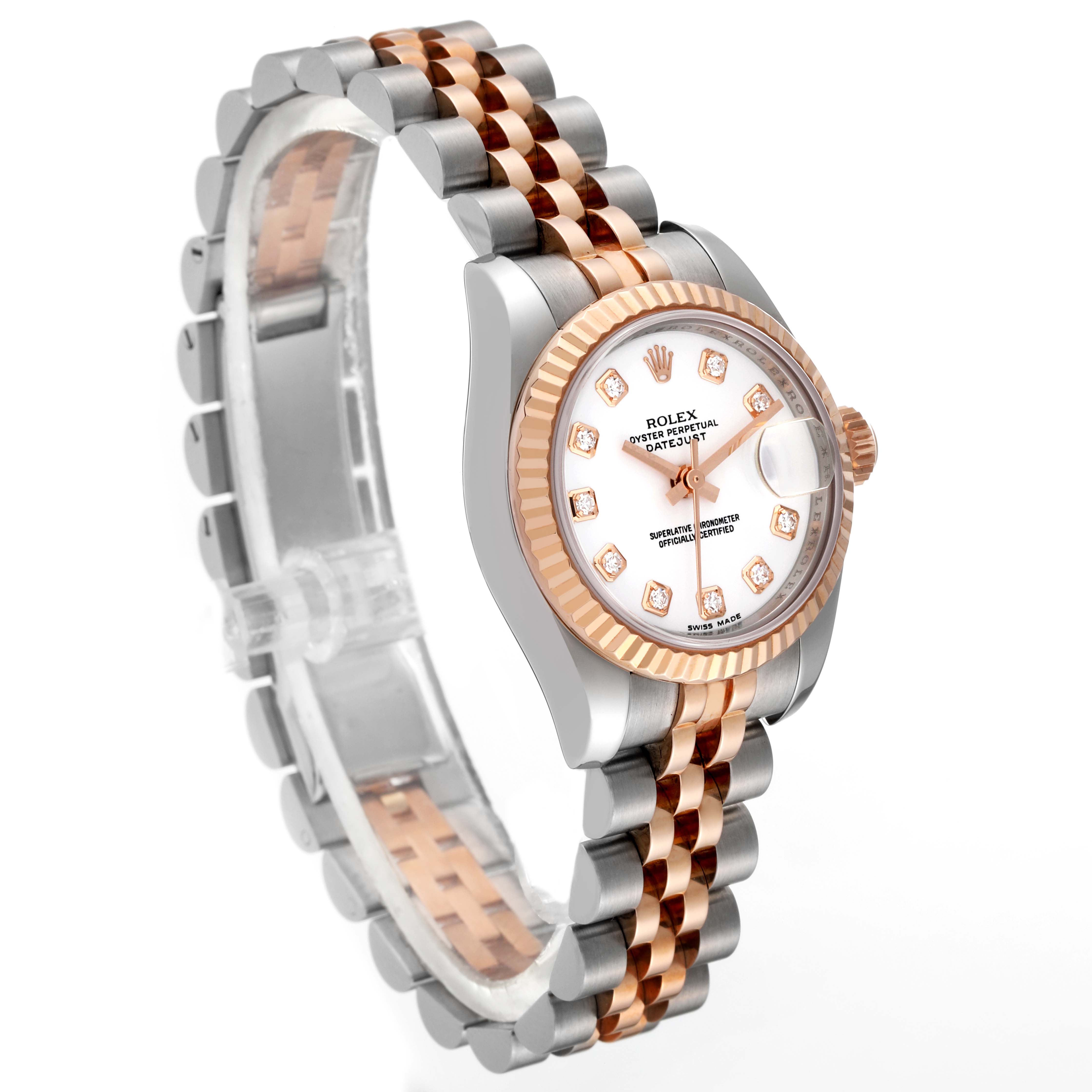The Rolex Datejust 179171 Women's Steel and Gold (two tone) White Dial 179171 Women's Steel and Gold (two tone) White Dial watch is shown at a front angled view, highlighting its dial, bezel, and two-tone bracelet.