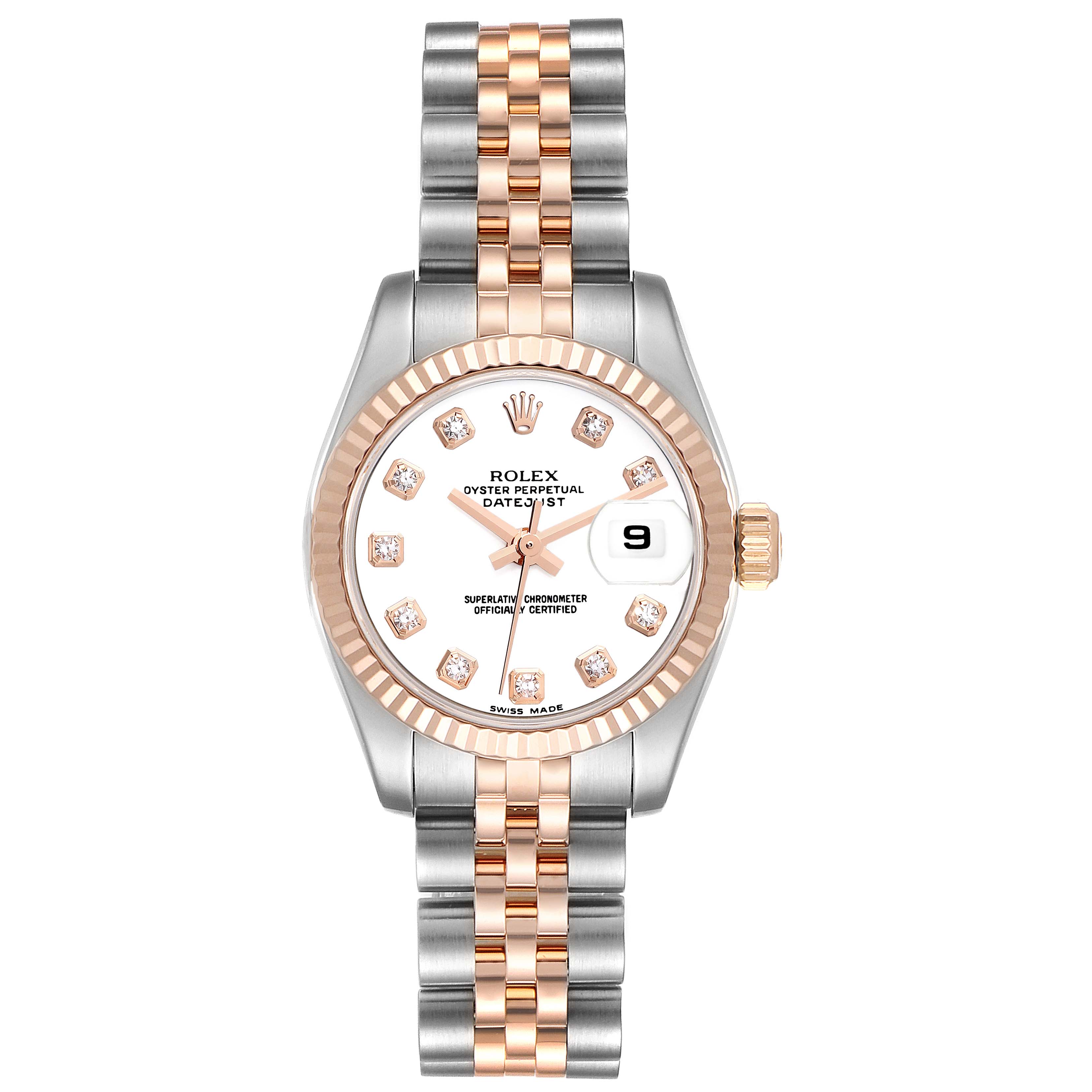 The image shows a front view of a Rolex Datejust 179171 Women's Steel and Gold (two tone) White Dial 179171 Women's Steel and Gold (two tone) White Dial watch, highlighting the dial, bezel, and two-tone bracelet.