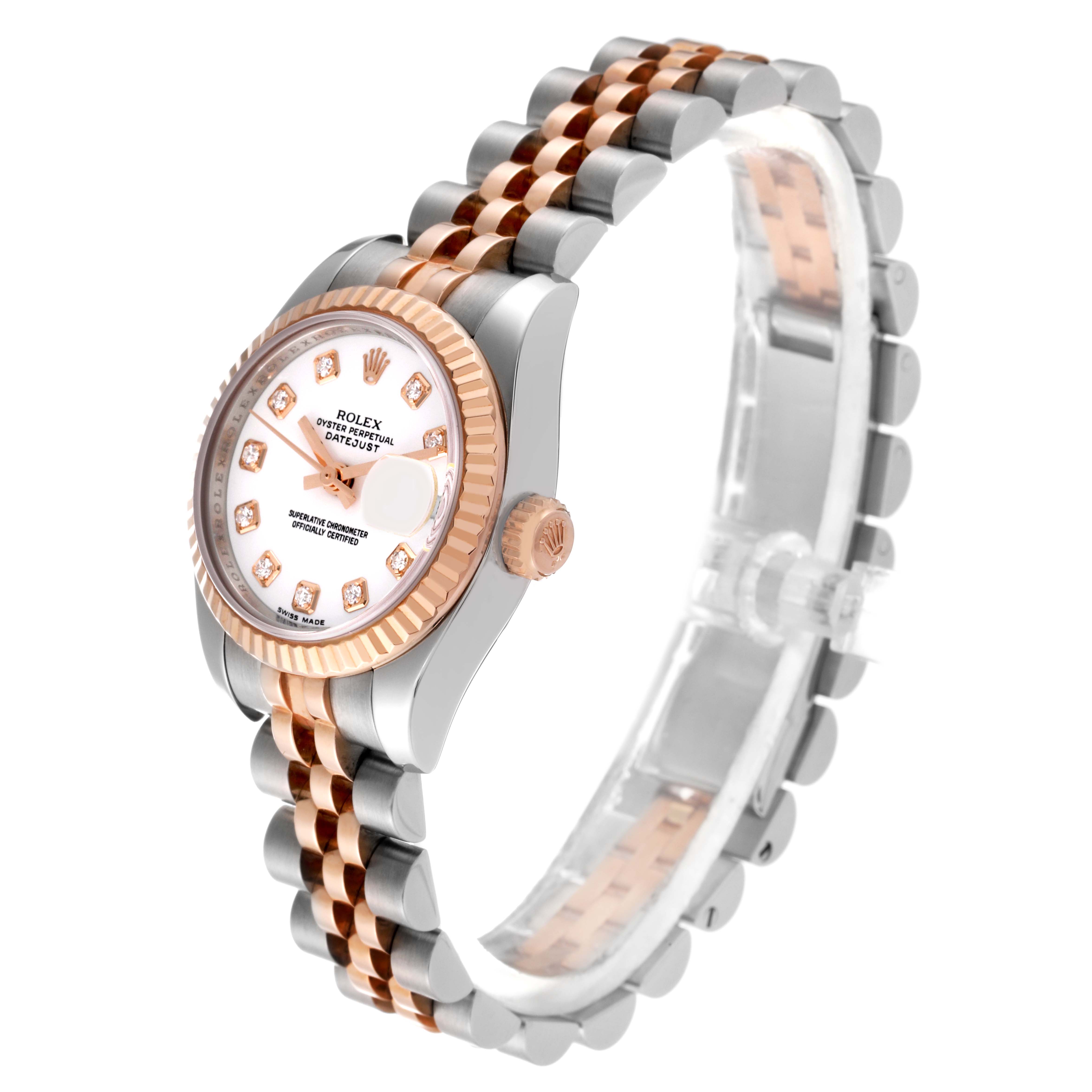 The image shows a side angle of a Rolex Datejust 179171 Women's Steel and Gold (two tone) White Dial 179171 Women's Steel and Gold (two tone) White Dial watch, highlighting its face, crown, and bicolored bracelet.