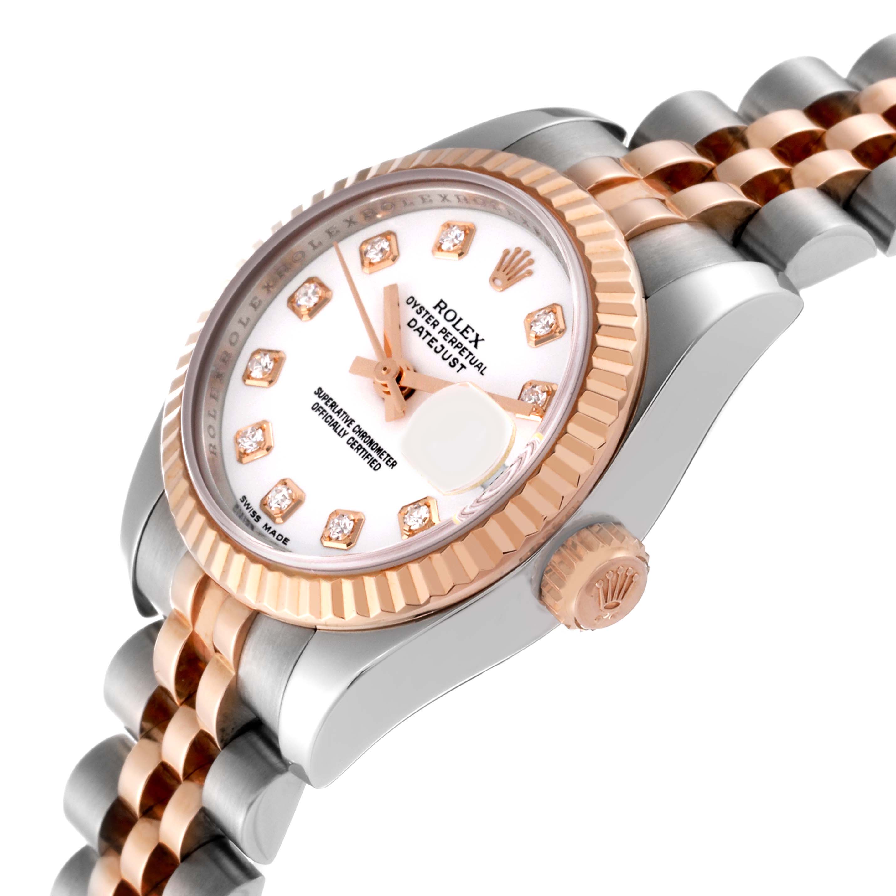 The image shows a side angle of a Rolex Datejust 179171 Women's Steel and Gold (two tone) White Dial 179171 Women's Steel and Gold (two tone) White Dial watch, featuring parts of the case, crown, dial, and bracelet.