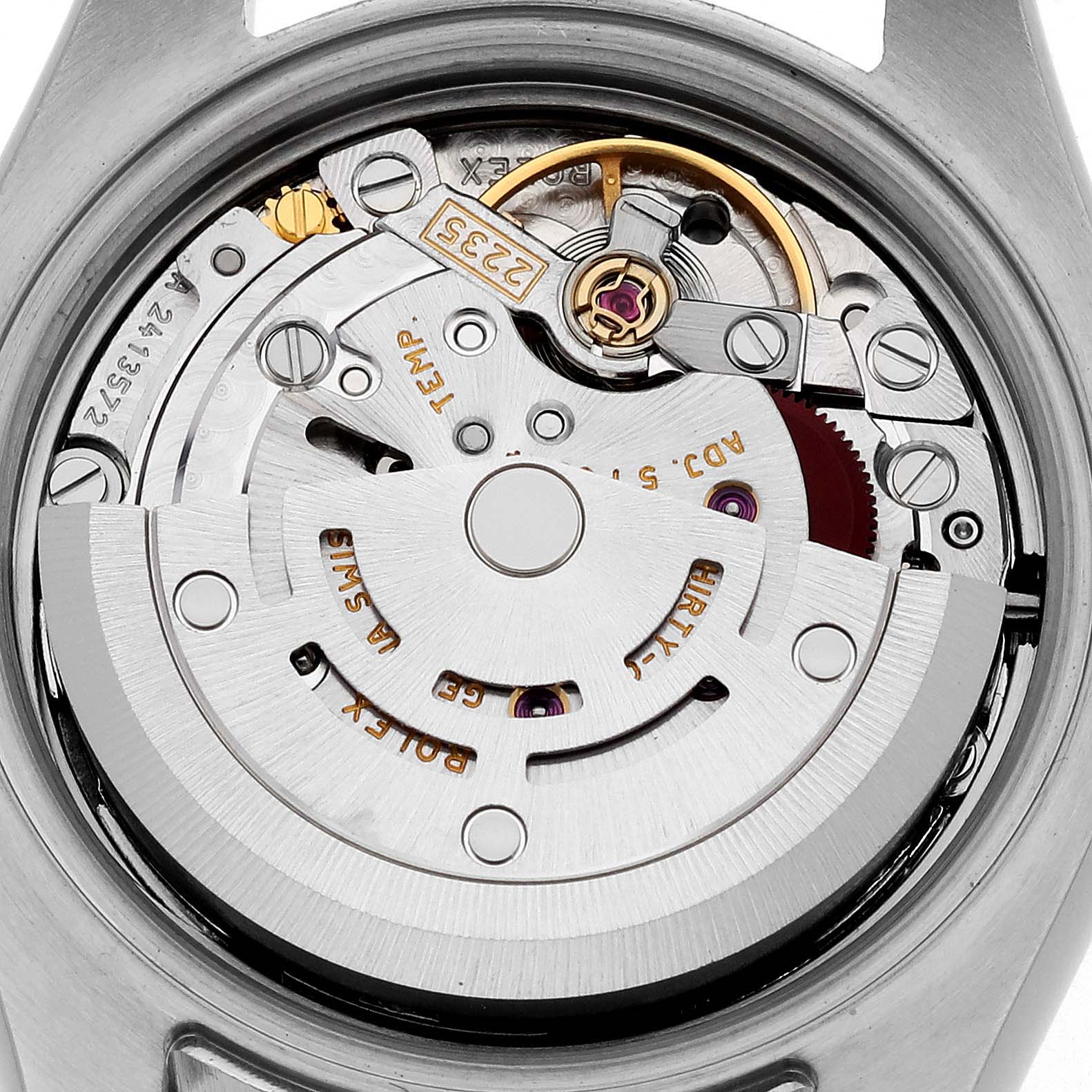 The image shows a close-up view of the movement mechanism inside a Rolex Datejust 179171 Women's Steel and Gold (two tone) White Dial 179171 Women's Steel and Gold (two tone) White Dial watch.