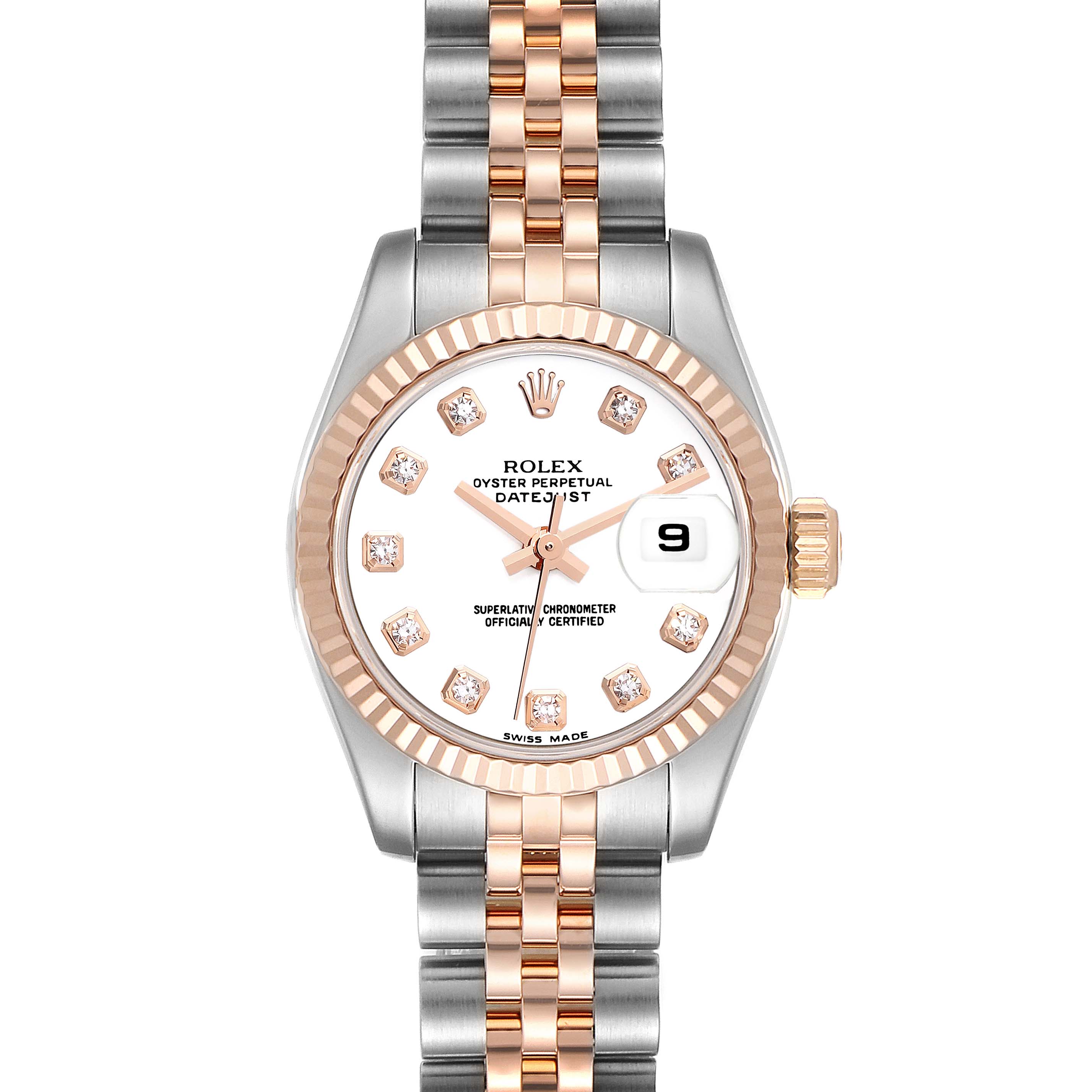 The image shows a Rolex Datejust 179171 Women's Steel and Gold (two tone) White Dial 179171 Women's Steel and Gold (two tone) White Dial watch from a front view, highlighting the dial, bezel, and portion of the bracelet.