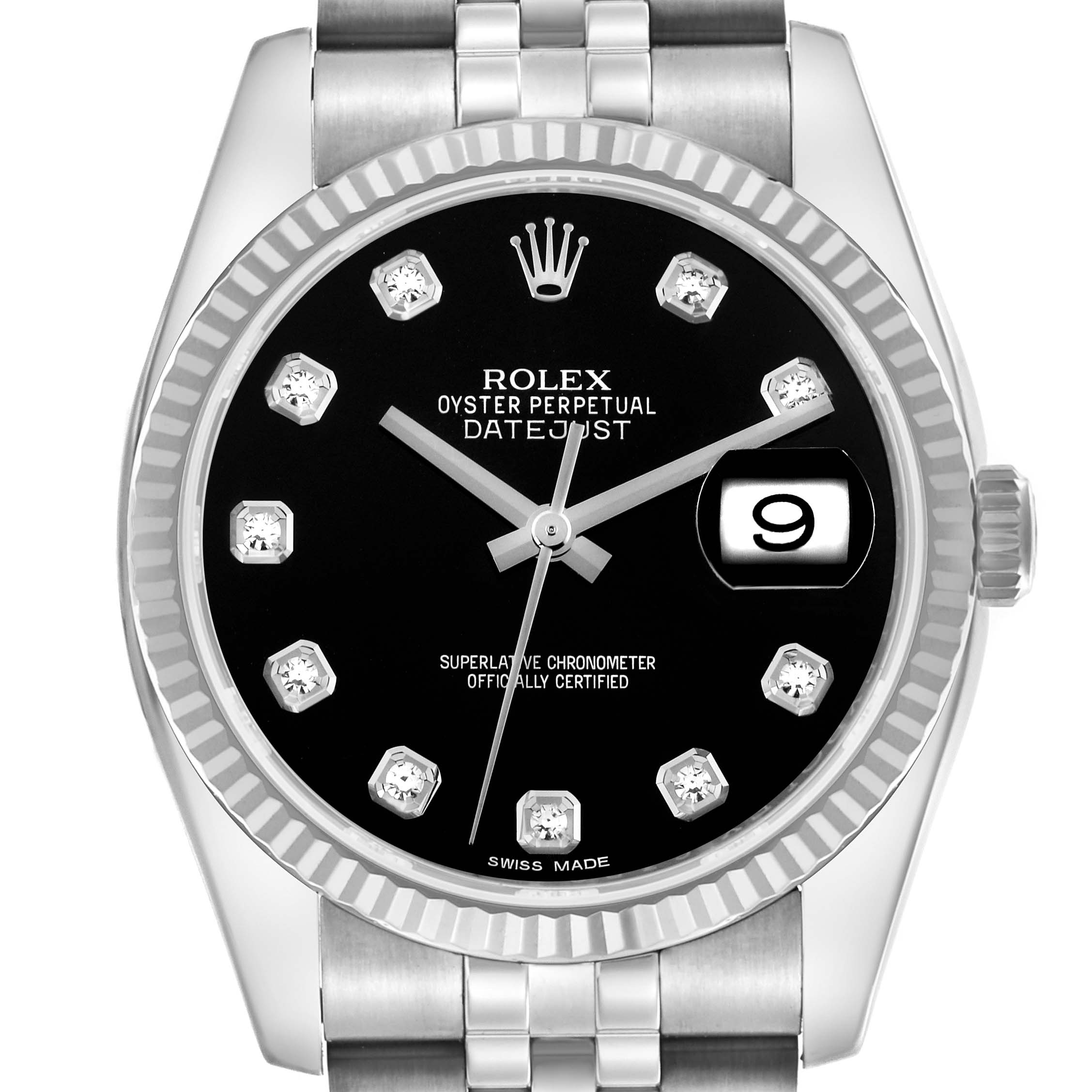 The Rolex Datejust 116234 Men's Stainless Steel Black Dial 116234 Men's Stainless Steel Black Dial model watch is shown from a front view, highlighting the dial, bezel, and part of the bracelet.