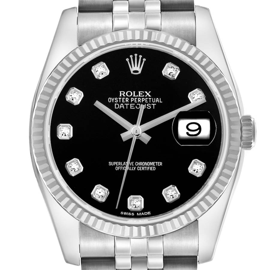 The Rolex Datejust model watch is shown from a front view, highlighting the dial, bezel, and part of the bracelet.