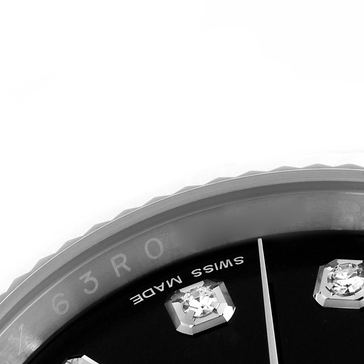The image shows a close-up of the dial and bezel of a Rolex Datejust 116234 Men's Stainless Steel Black Dial 116234 Men's Stainless Steel Black Dial, highlighting diamond hour markers.