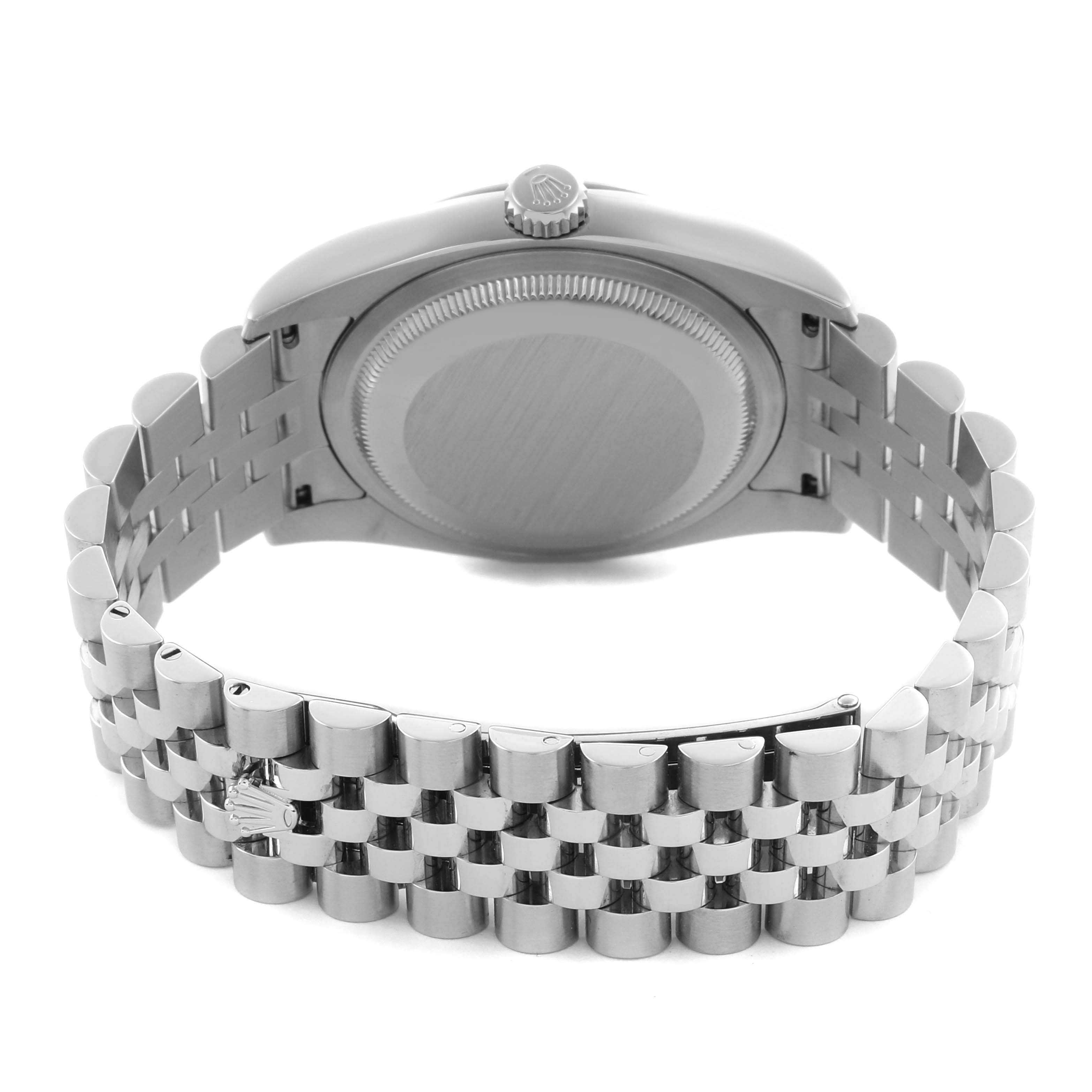 The image shows the back of a Rolex Datejust 116234 Men's Stainless Steel Black Dial 116234 Men's Stainless Steel Black Dial watch, highlighting the case back, crown, and Jubilee bracelet from a rear angle.