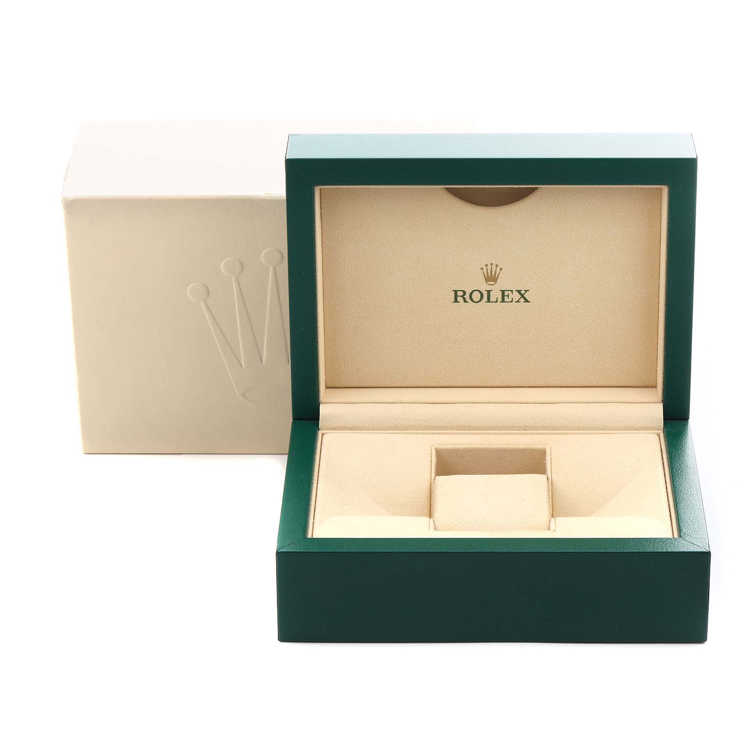 The image shows a Rolex Datejust 116234 Men's Stainless Steel Black Dial 116234 Men's Stainless Steel Black Dial watch box at an angle, with the inner and outer boxes open and visible.