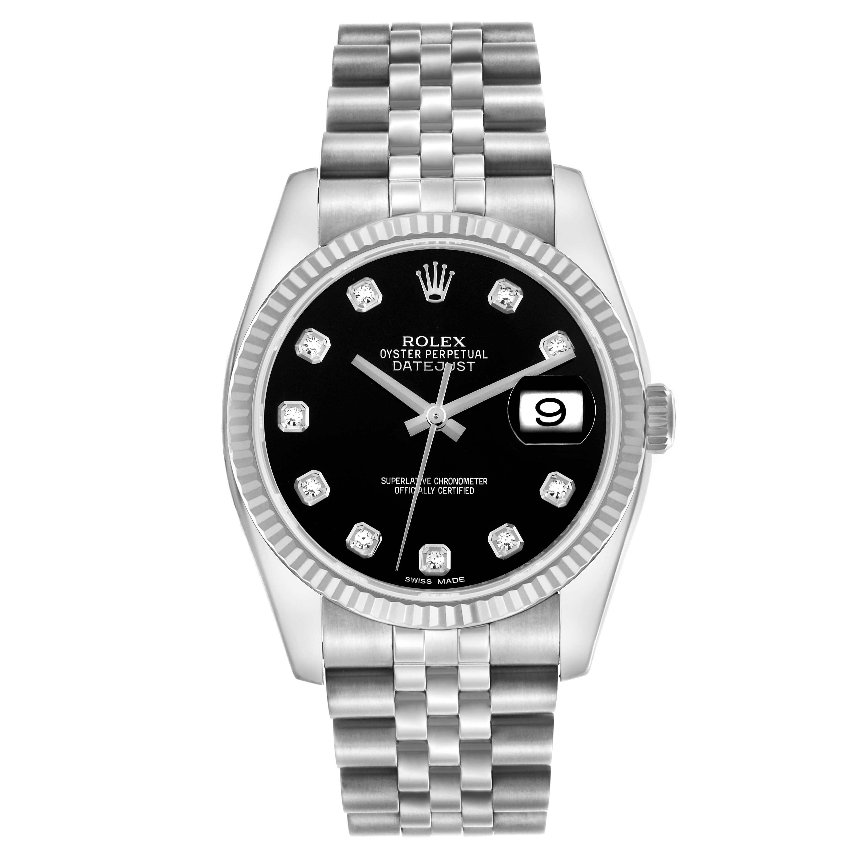 The Rolex Datejust 116234 Men's Stainless Steel Black Dial 116234 Men's Stainless Steel Black Dial watch is shown from a front angle, displaying the face, bezel, crown, and bracelet.