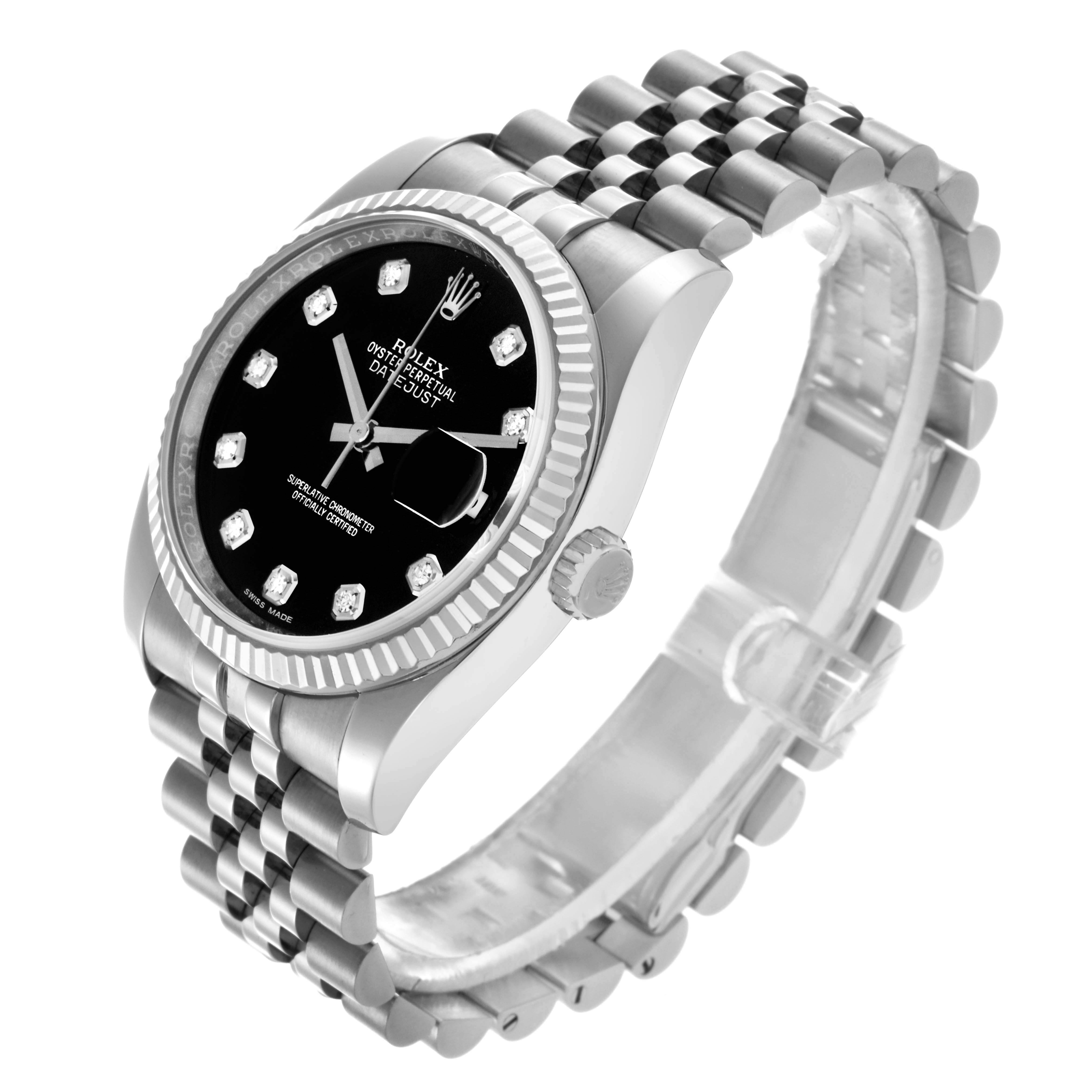 The Rolex Datejust 116234 Men's Stainless Steel Black Dial 116234 Men's Stainless Steel Black Dial watch is shown at a slight angle, displaying the black dial, diamond hour markers, fluted bezel, and jubilee bracelet.