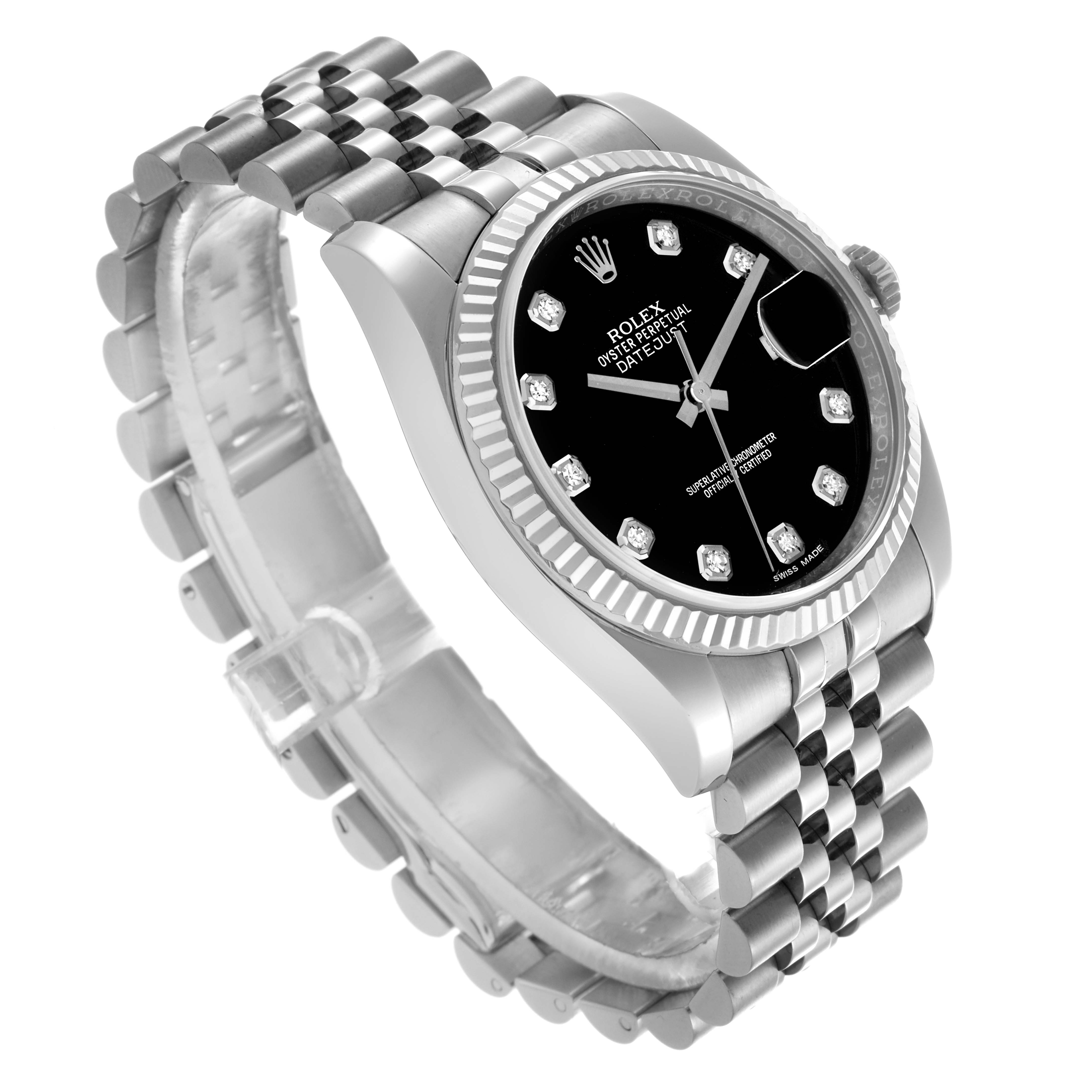 The Rolex Datejust 116234 Men's Stainless Steel Black Dial 116234 Men's Stainless Steel Black Dial watch is shown at an angle highlighting the face, bezel, crown, and Jubilee bracelet.