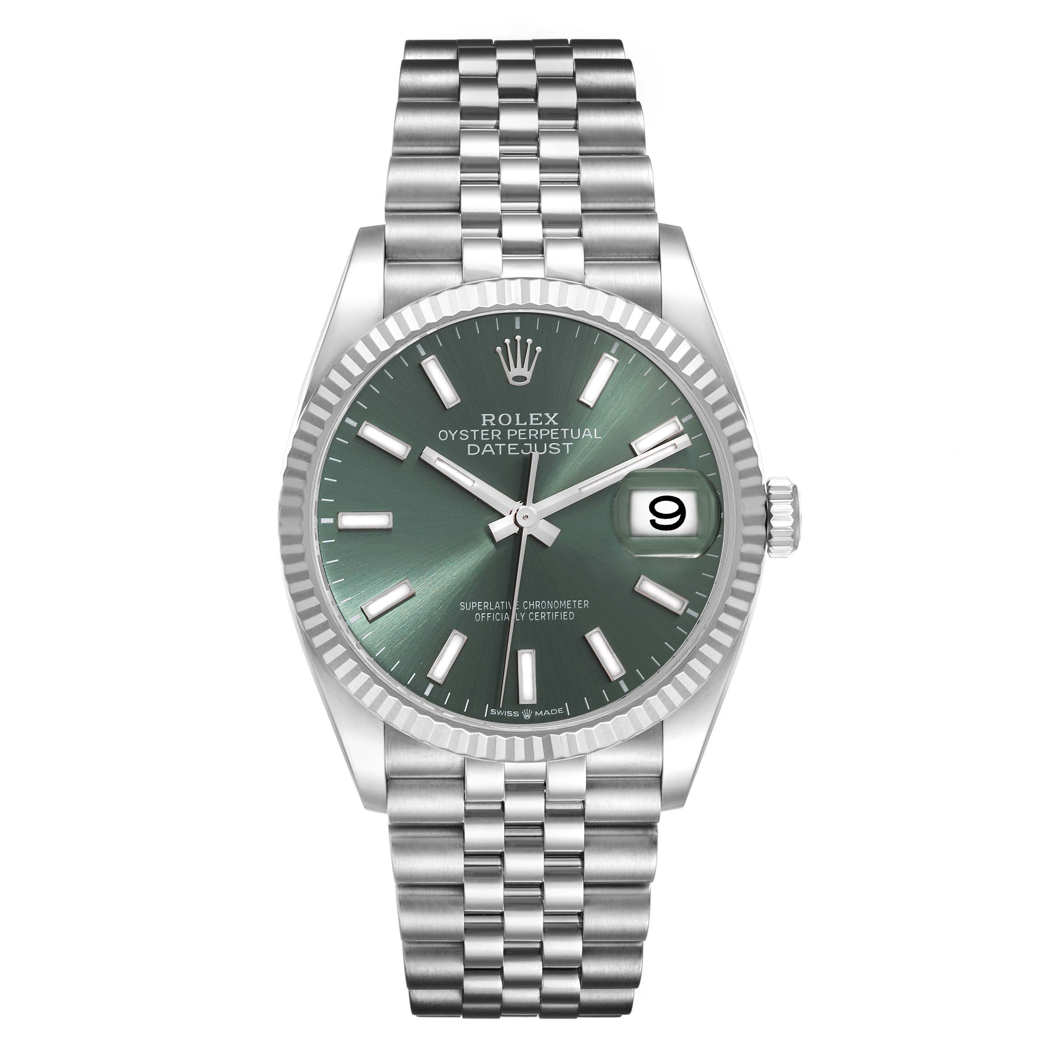 The image shows a frontal view of the Rolex Datejust 126234 Men's Stainless Steel Green Dial 126234 Men's Stainless Steel Green Dial watch, highlighting its face, bezel, bracelet, and date feature.