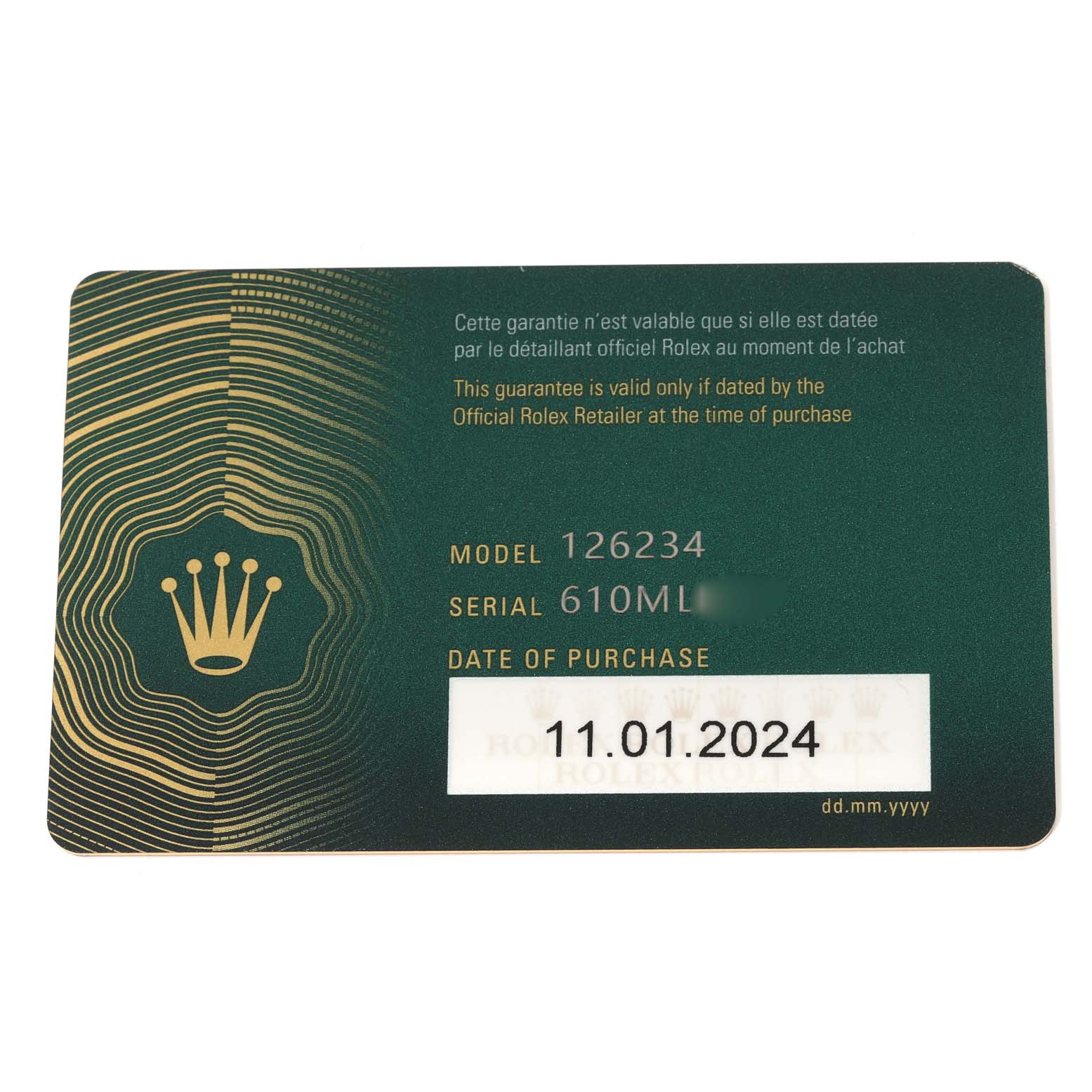 This image shows the warranty card for the Rolex Datejust 126234 Men's Stainless Steel Green Dial 126234 Men's Stainless Steel Green Dial model with the model number 126234.