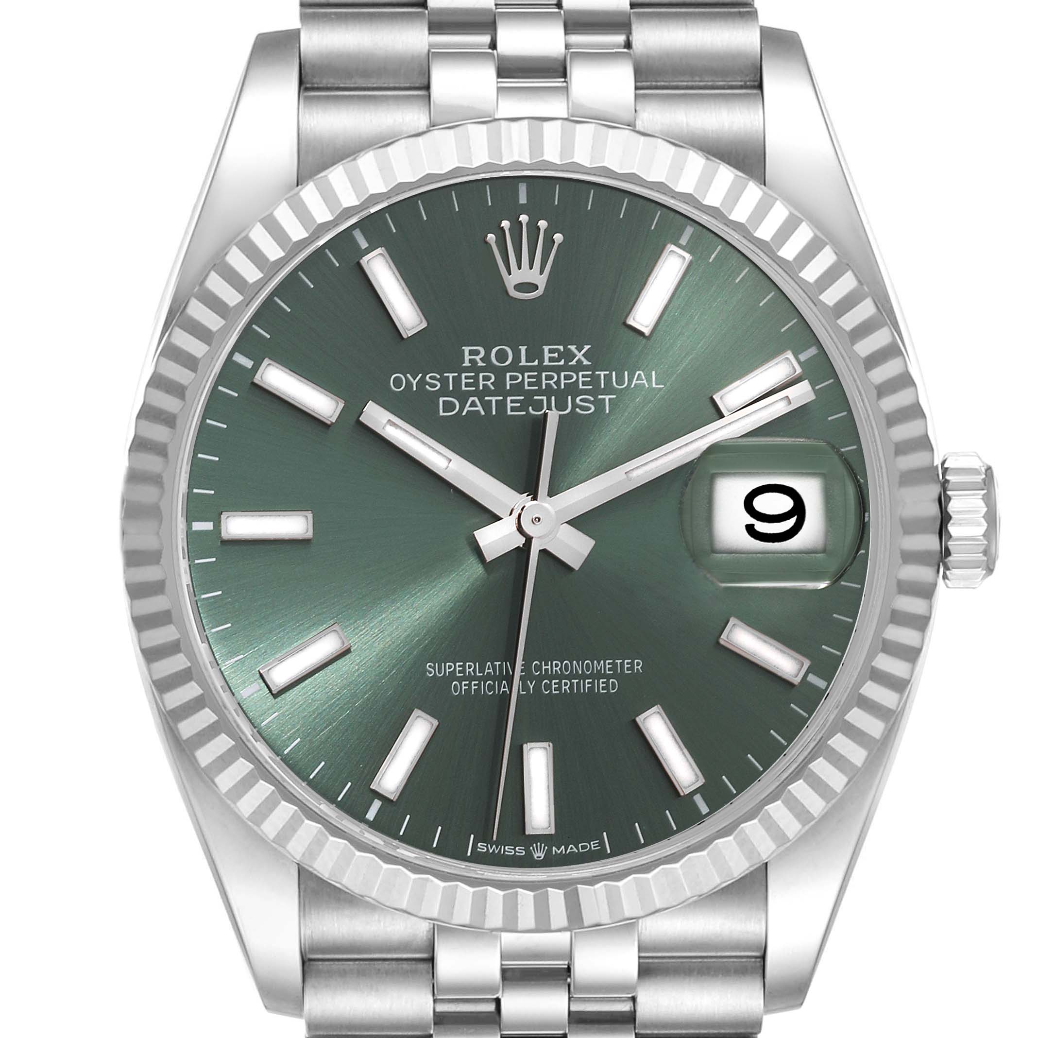 This image shows a front view of the Rolex Datejust 126234 Men's Stainless Steel Green Dial 126234 Men's Stainless Steel Green Dial watch, highlighting its dial, fluted bezel, and part of the bracelet.
