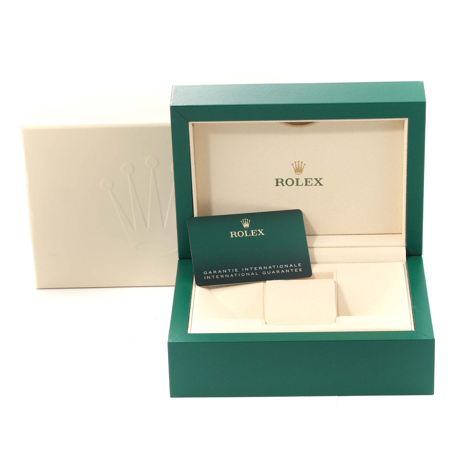 The image shows the Rolex Datejust 126234 Men's Stainless Steel Green Dial 126234 Men's Stainless Steel Green Dial watch box, open to reveal the warranty card inside.