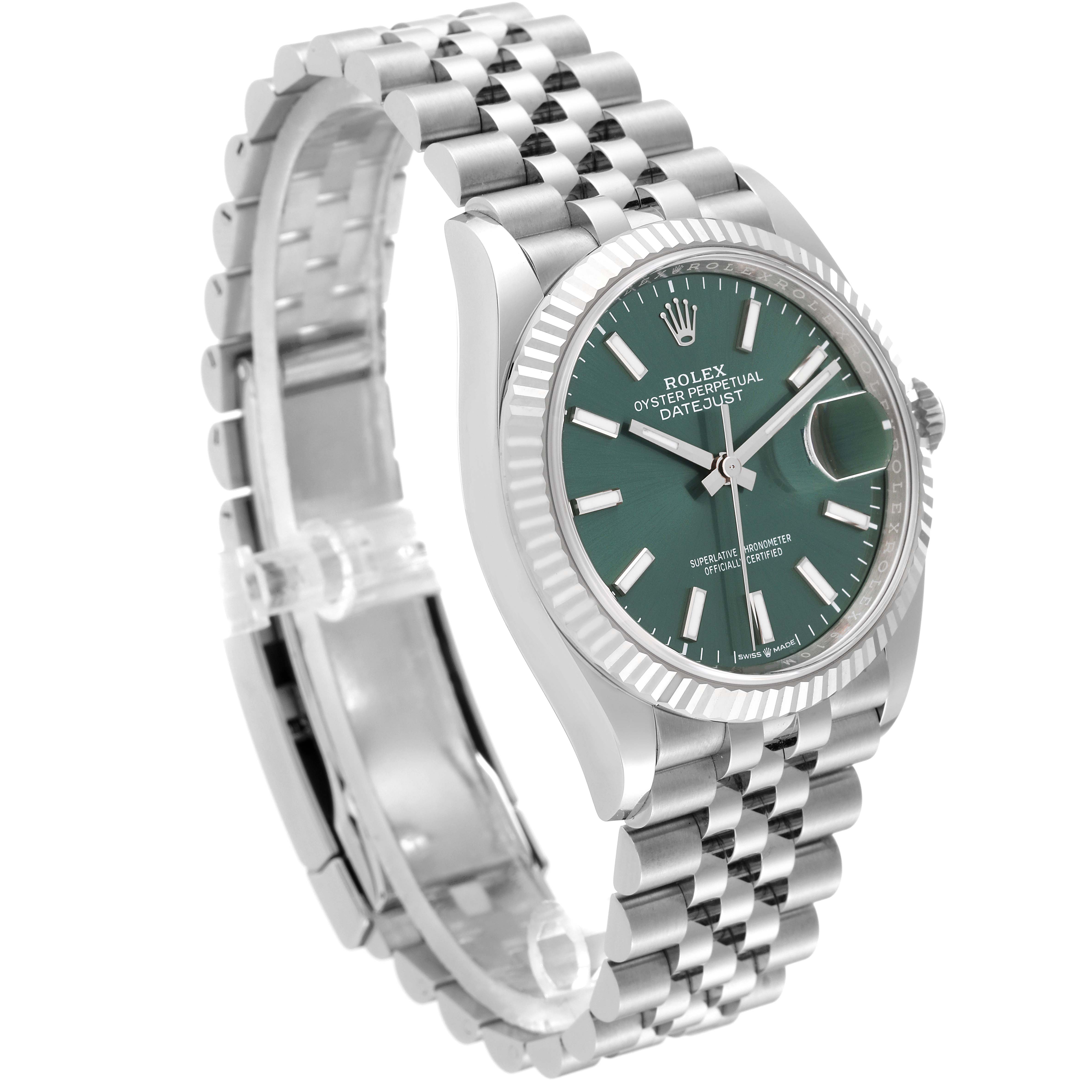 The Rolex Datejust 126234 Men's Stainless Steel Green Dial 126234 Men's Stainless Steel Green Dial watch is shown at a three-quarter angle, highlighting its green dial, fluted bezel, and Jubilee bracelet.