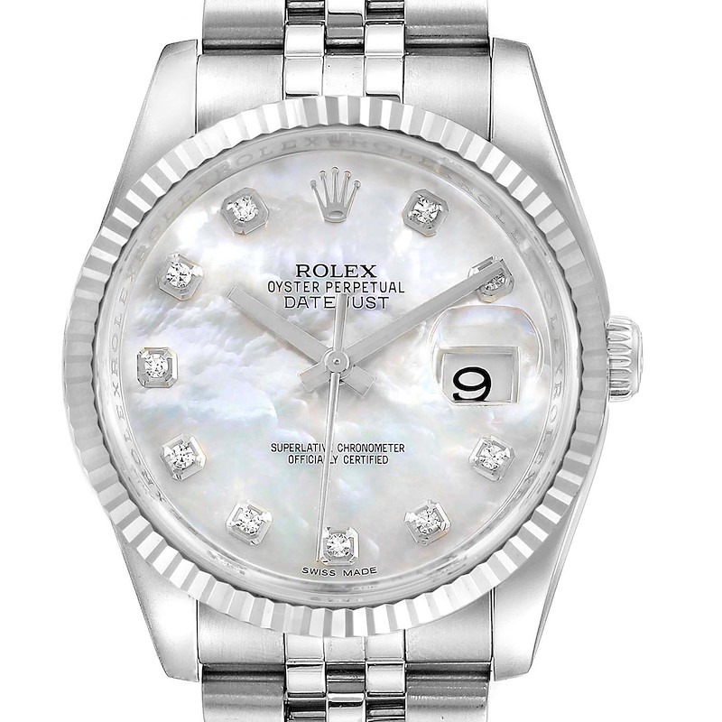 The image shows a front view of a Rolex Datejust watch, highlighting the face, bezel, and bracelet.