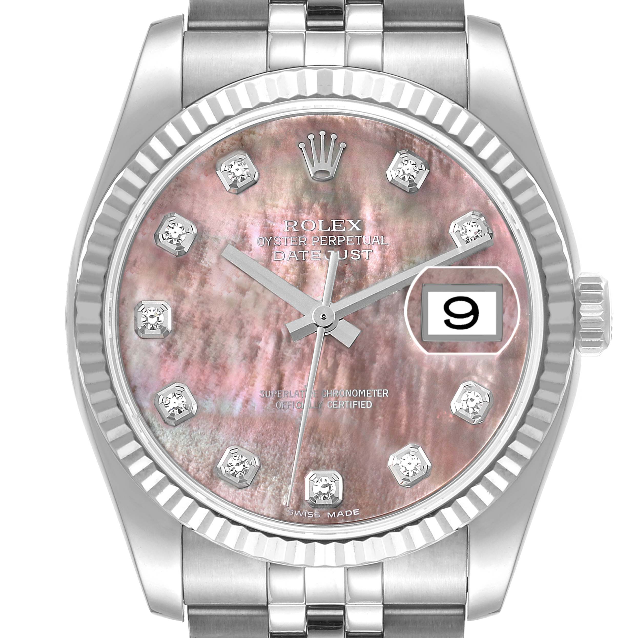 The Rolex Datejust 116234 Men's Stainless Steel Mother of Pearl Dial 116234 Men's Stainless Steel Mother of Pearl Dial watch is shown from a front angle, displaying its pink mother-of-pearl dial, diamond hour markers, and date window at 3 o'clock.