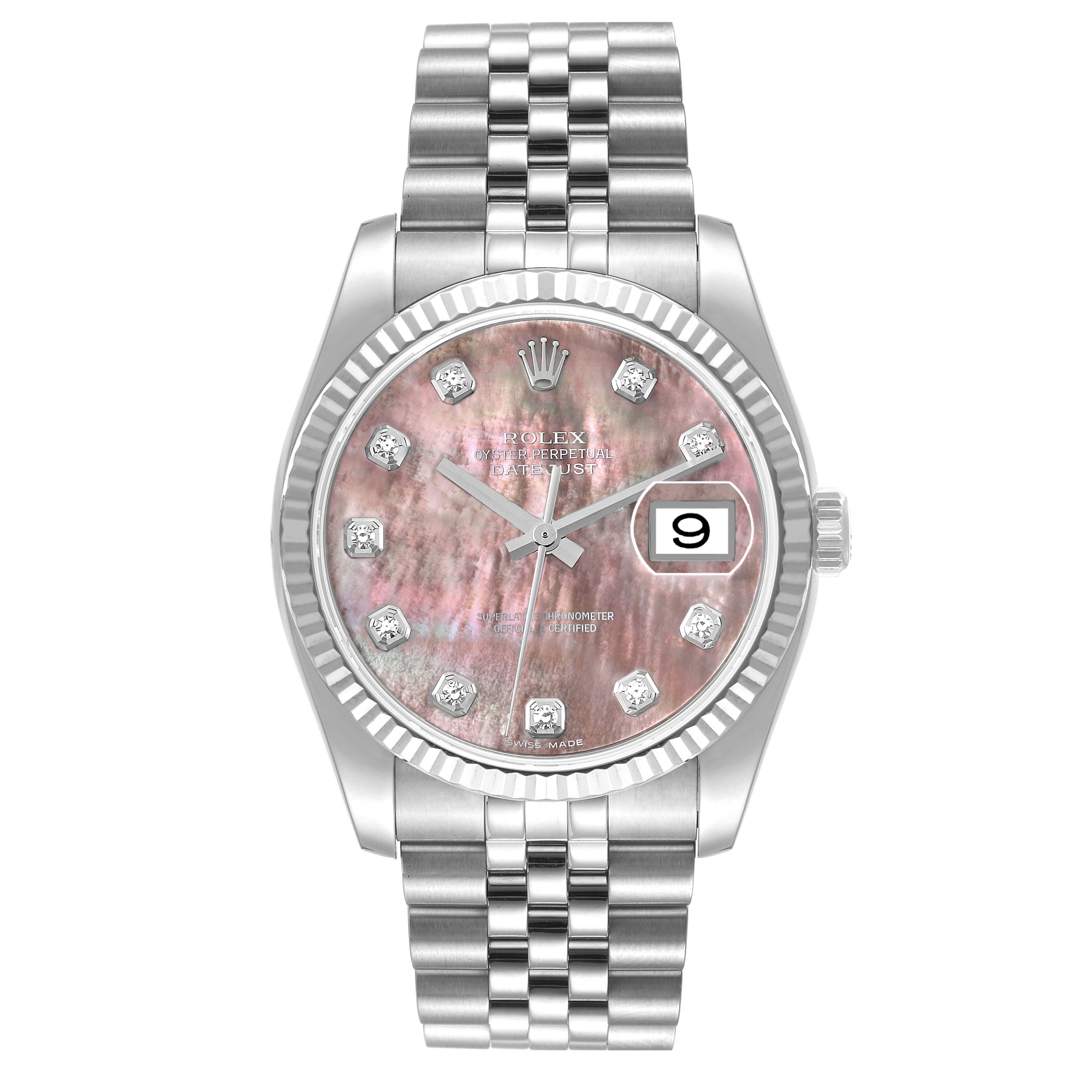 This is a top-front view of the Rolex Datejust 116234 Men's Stainless Steel Mother of Pearl Dial 116234 Men's Stainless Steel Mother of Pearl Dial model, showing the dial, hands, bezel, and bracelet.
