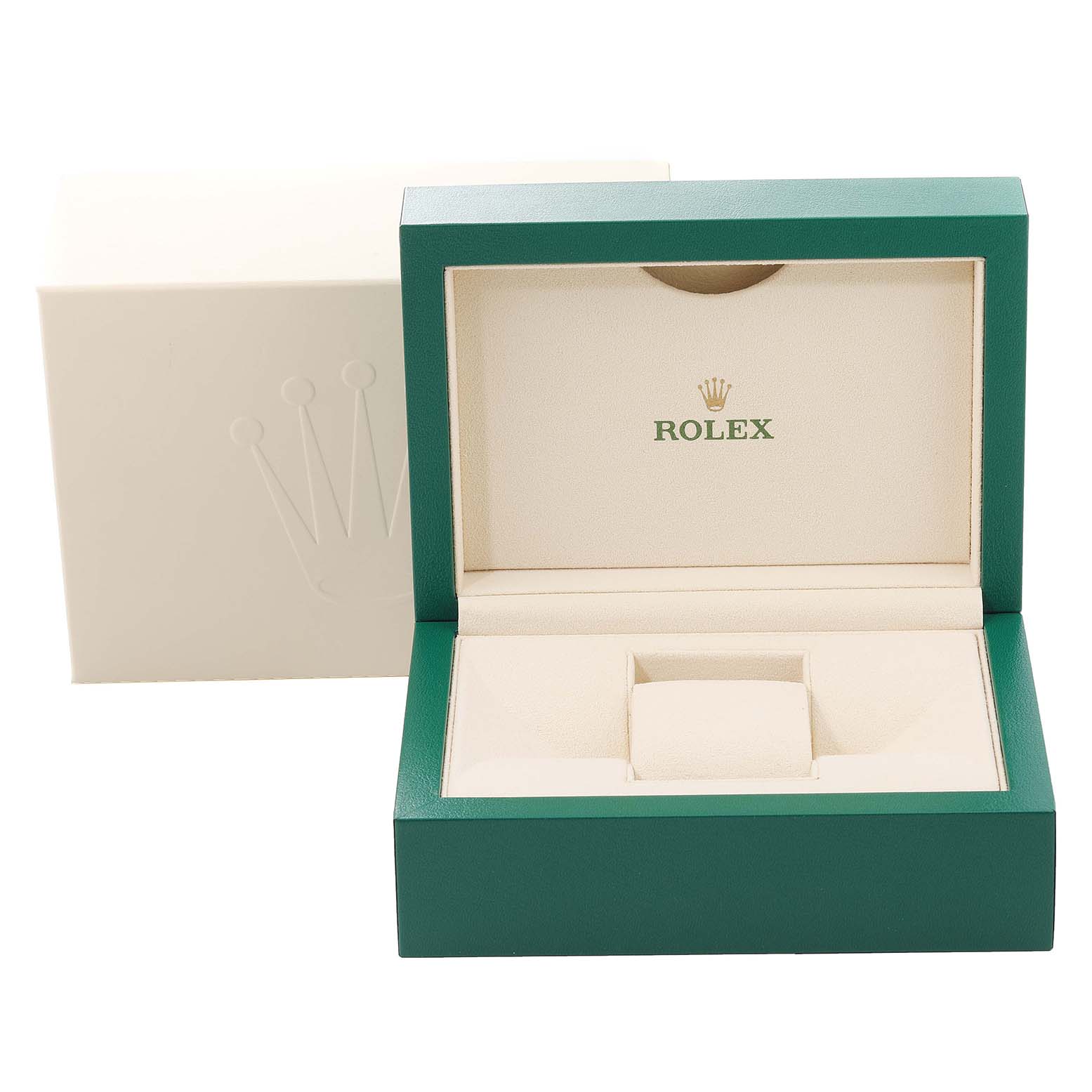 This image shows an open and empty green and cream box for the Rolex Datejust 116234 Men's Stainless Steel Mother of Pearl Dial 116234 Men's Stainless Steel Mother of Pearl Dial model.