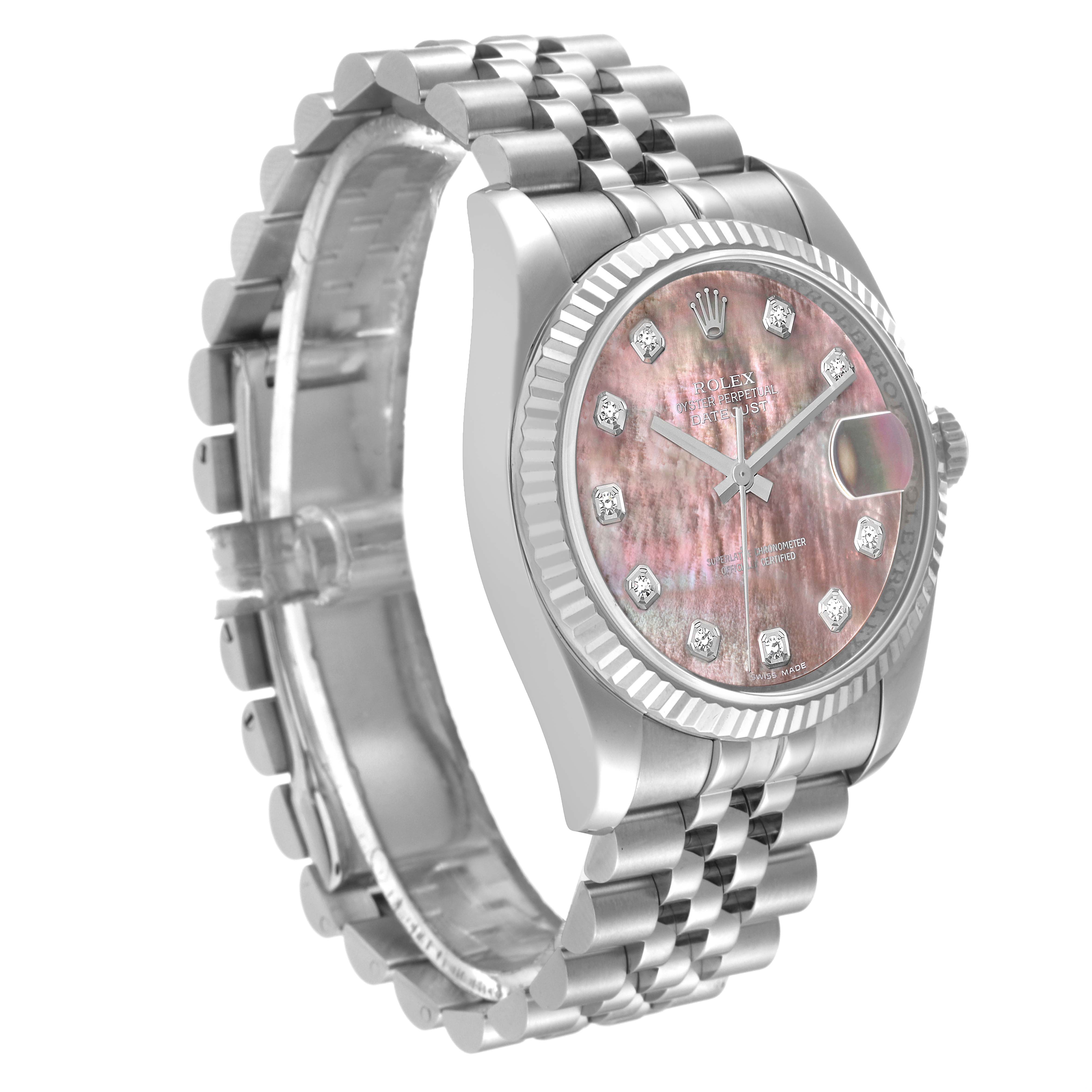 The Rolex Datejust 116234 Men's Stainless Steel Mother of Pearl Dial 116234 Men's Stainless Steel Mother of Pearl Dial watch is shown from an angled side view, highlighting the bracelet, face, and fluted bezel.