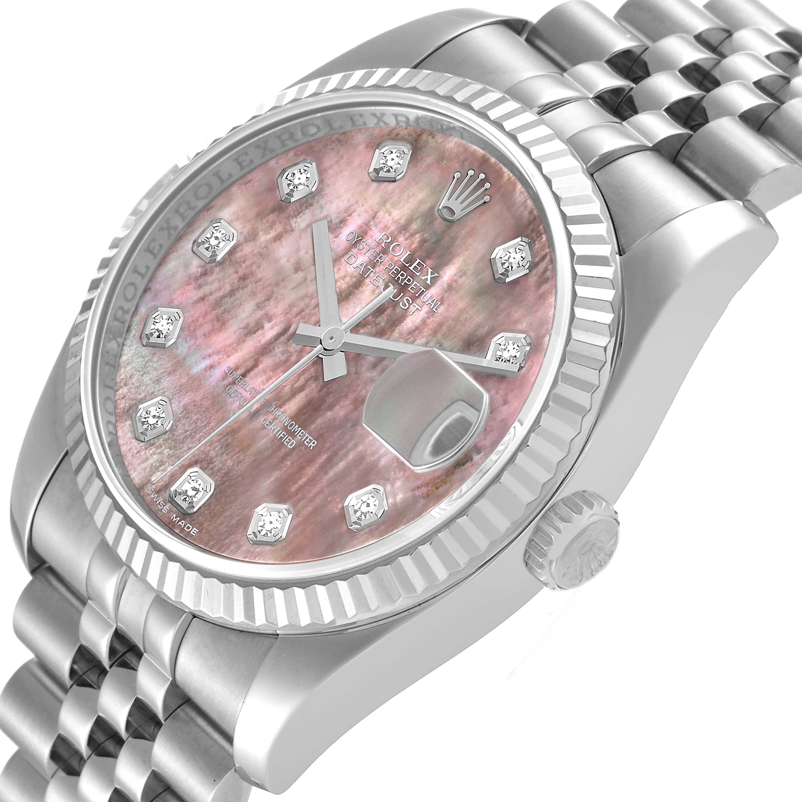 This image shows a close-up side angle of a Rolex Datejust 116234 Men's Stainless Steel Mother of Pearl Dial 116234 Men's Stainless Steel Mother of Pearl Dial watch featuring its dial, bezel, crown, and part of the bracelet.