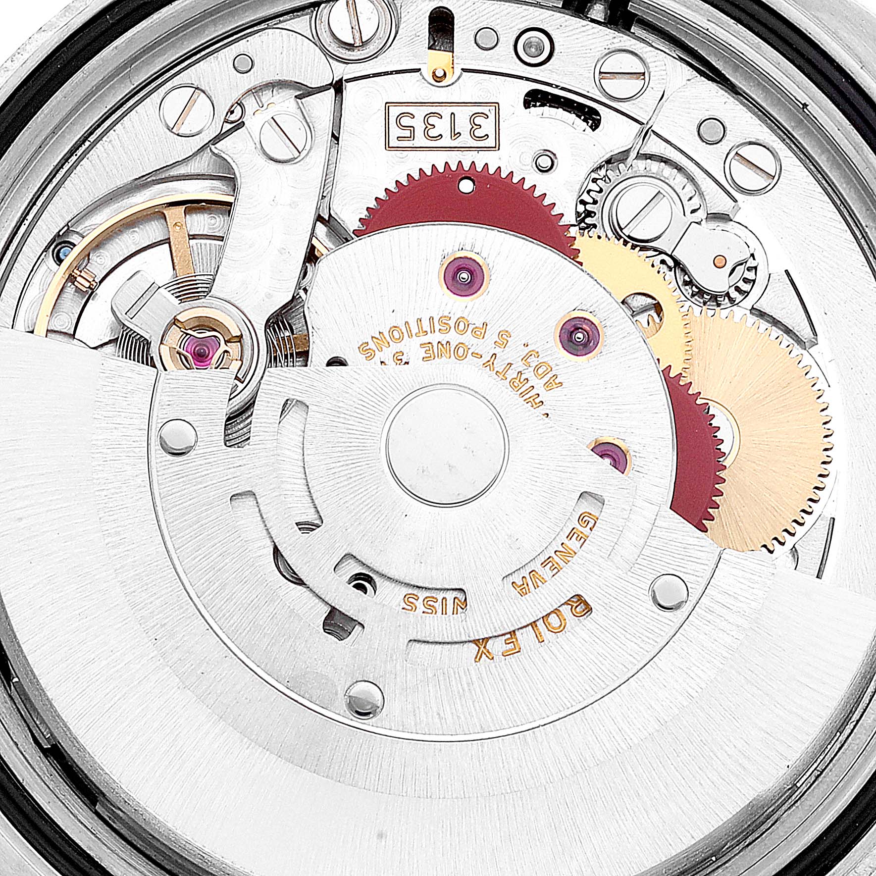 The image shows the internal mechanical movement of a Rolex Datejust 116234 Men's Stainless Steel Mother of Pearl Dial 116234 Men's Stainless Steel Mother of Pearl Dial watch, focusing on the gears and components.