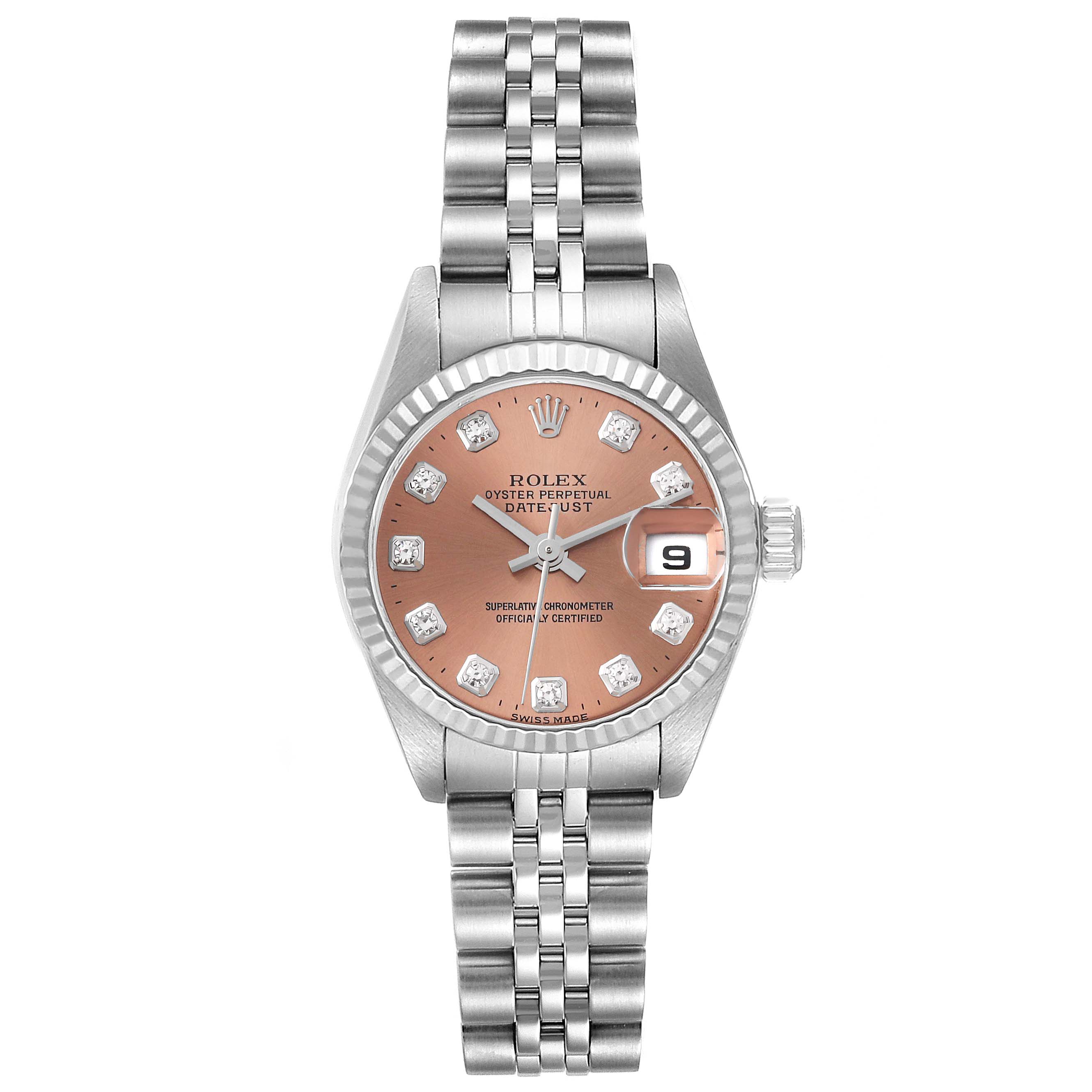 This image shows a front view of a Rolex Datejust 79174 Women's Stainless Steel Pink Dial 79174 Women's Stainless Steel Pink Dial model watch, displaying its dial, bracelet, and date window.
