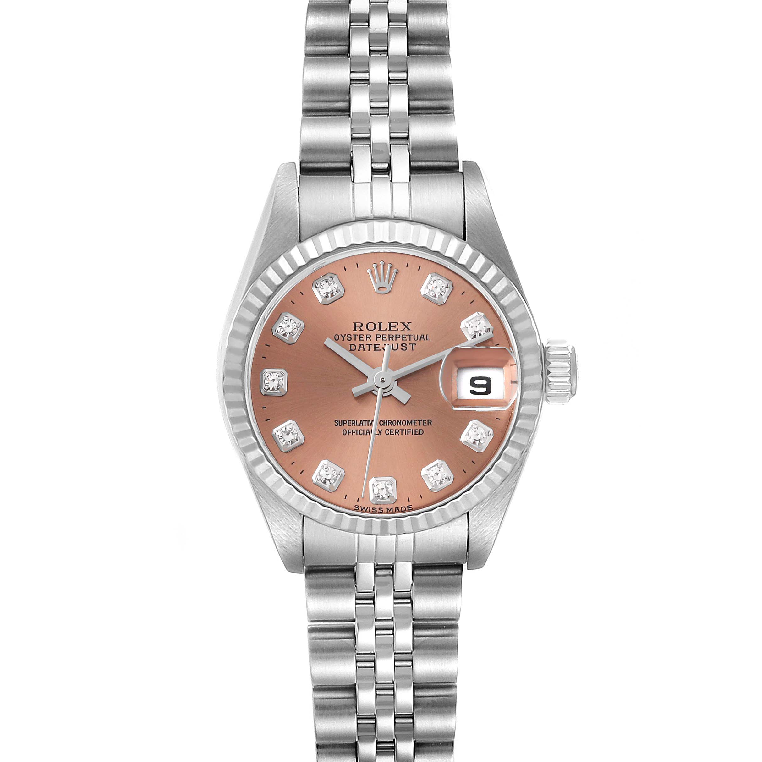 The image shows a front view of the Rolex Datejust 79174 Women's Stainless Steel Pink Dial 79174 Women's Stainless Steel Pink Dial watch, featuring its face, bezel, crown, and bracelet.