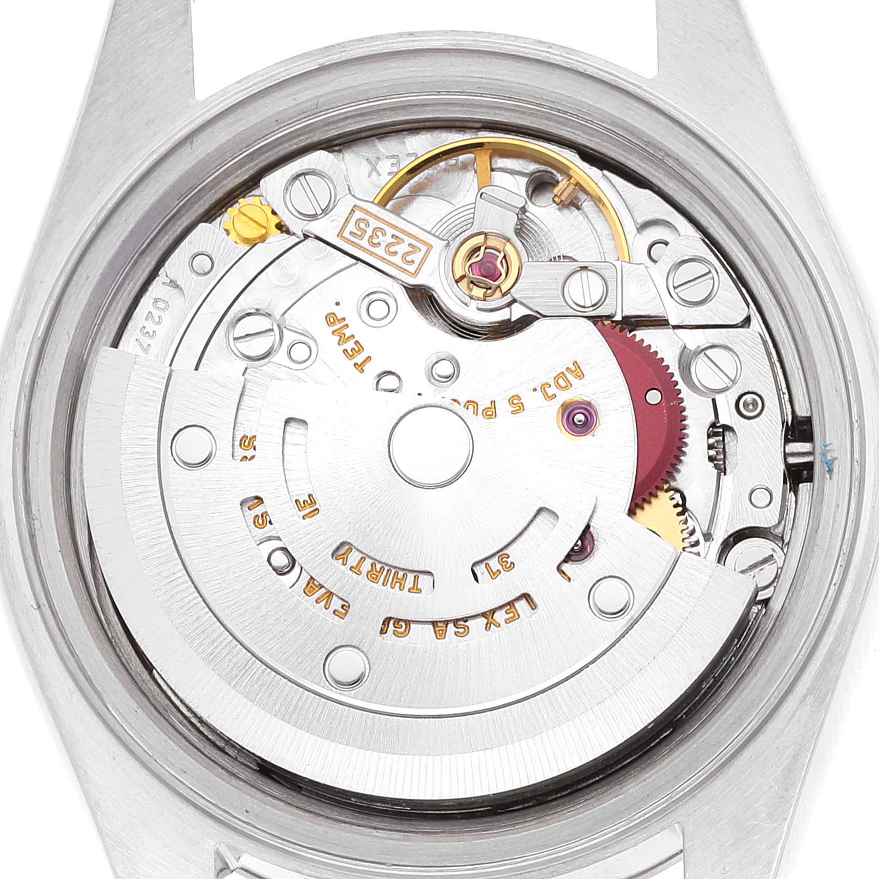 This image shows the internal mechanical movement of the Rolex Datejust 79174 Women's Stainless Steel Pink Dial 79174 Women's Stainless Steel Pink Dial model, viewed from the back without the case back.