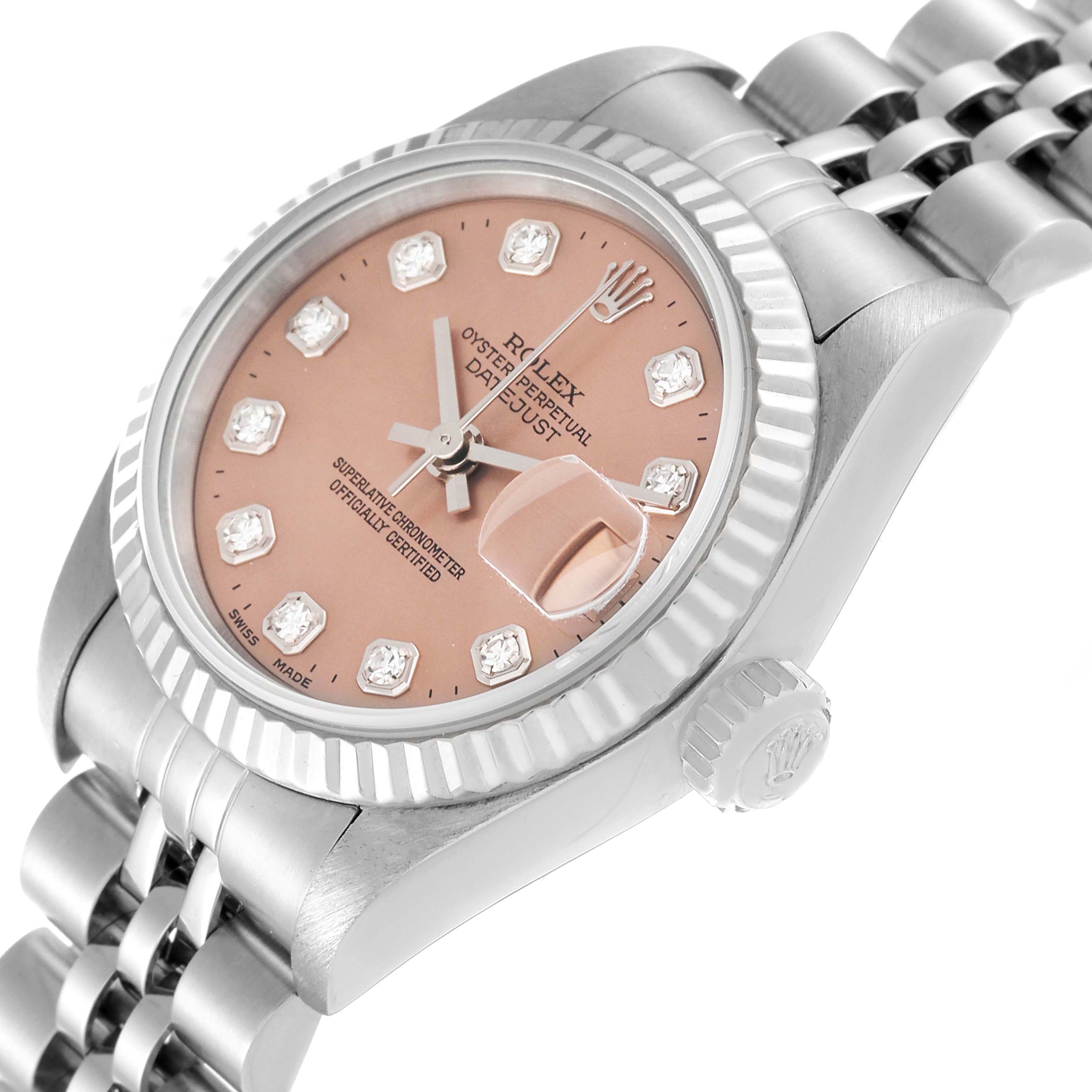 The image shows a close-up side angle of the Rolex Datejust 79174 Women's Stainless Steel Pink Dial 79174 Women's Stainless Steel Pink Dial watch highlighting the dial, bezel, crown, and part of the bracelet.