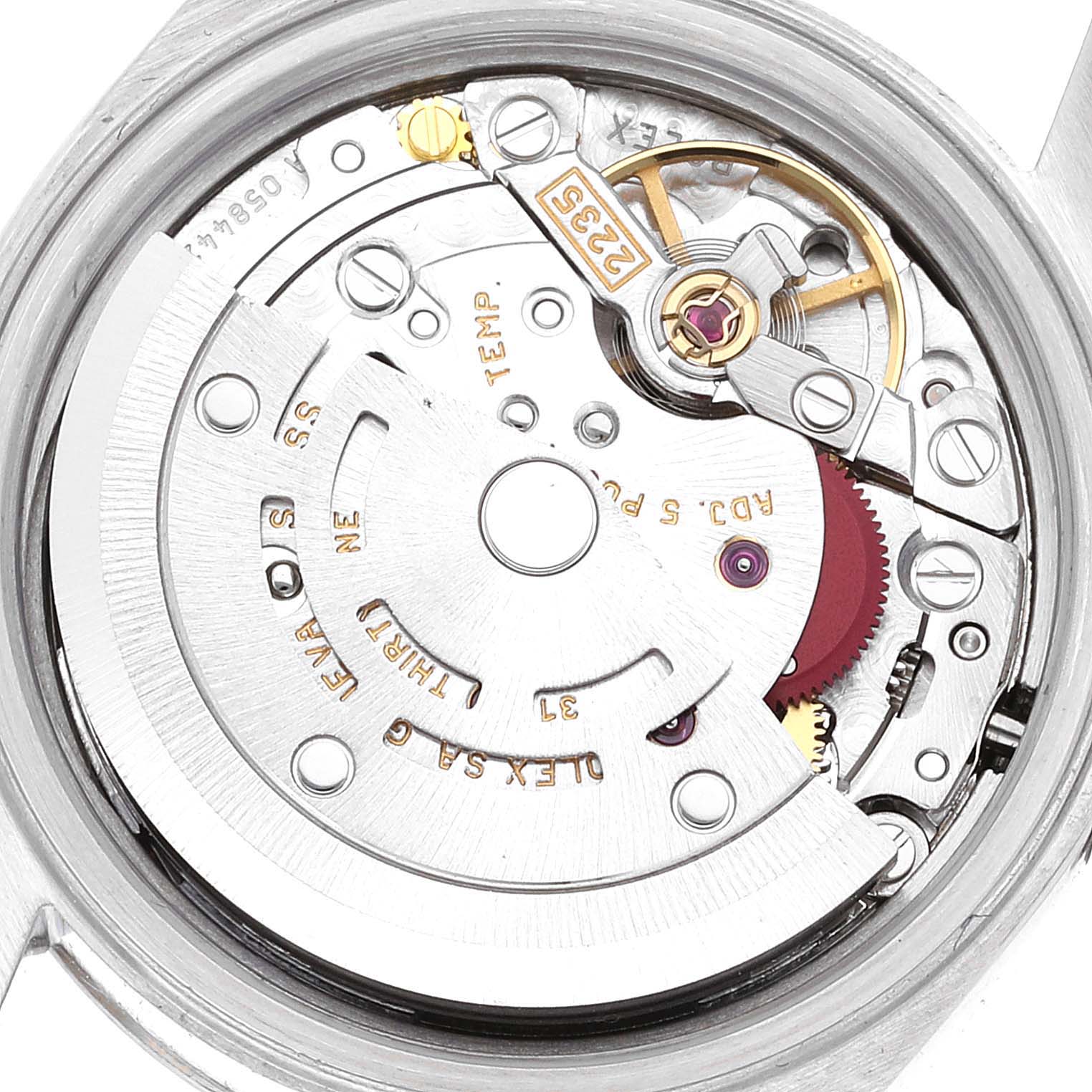 This image shows the internal mechanism of a Rolex Datejust 79174 Women's Stainless Steel Pink Dial 79174 Women's Stainless Steel Pink Dial watch, viewed from the back.