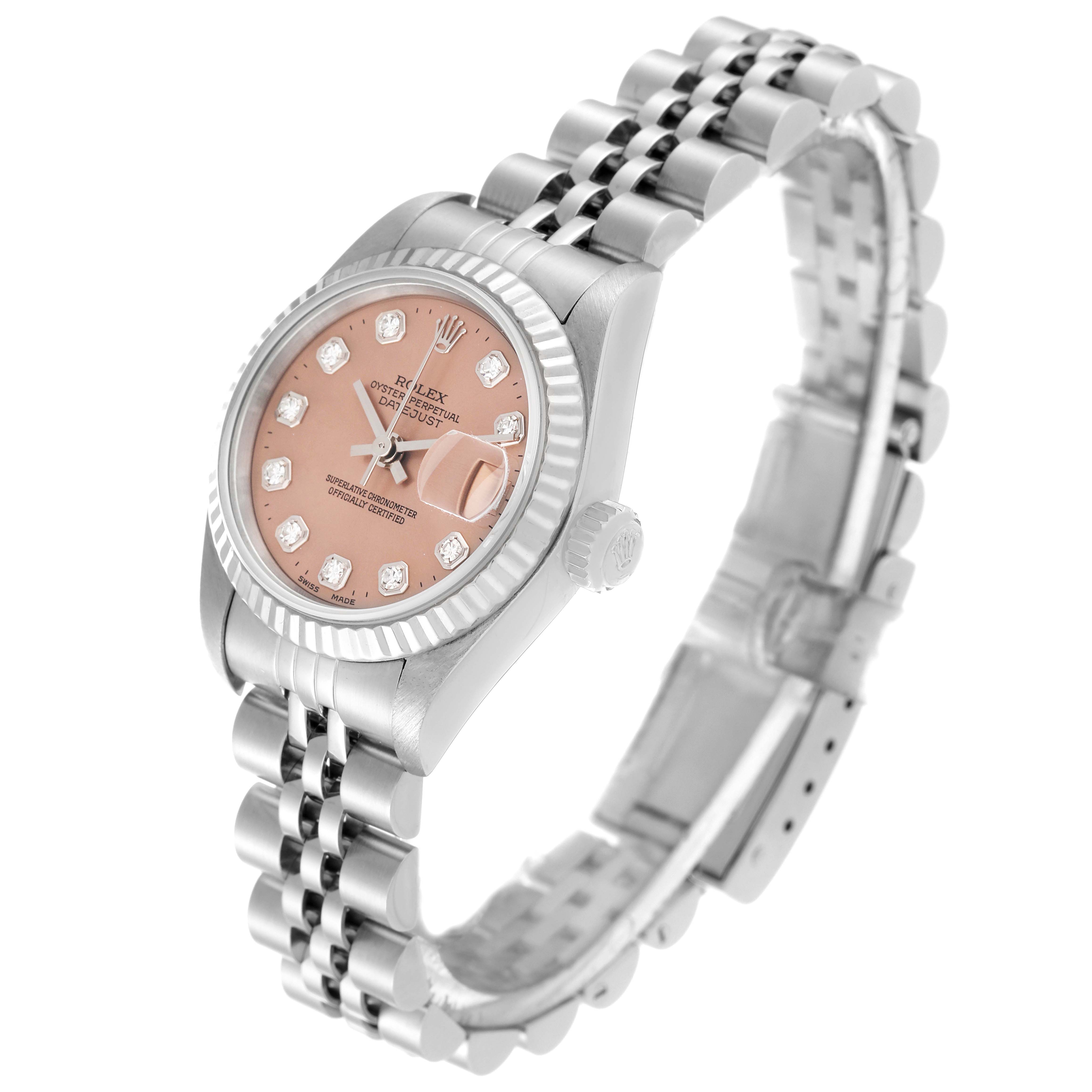 The image shows a Rolex Datejust 79174 Women's Stainless Steel Pink Dial 79174 Women's Stainless Steel Pink Dial watch angled from the front-left, showcasing the dial, bezel, crown, and bracelet.