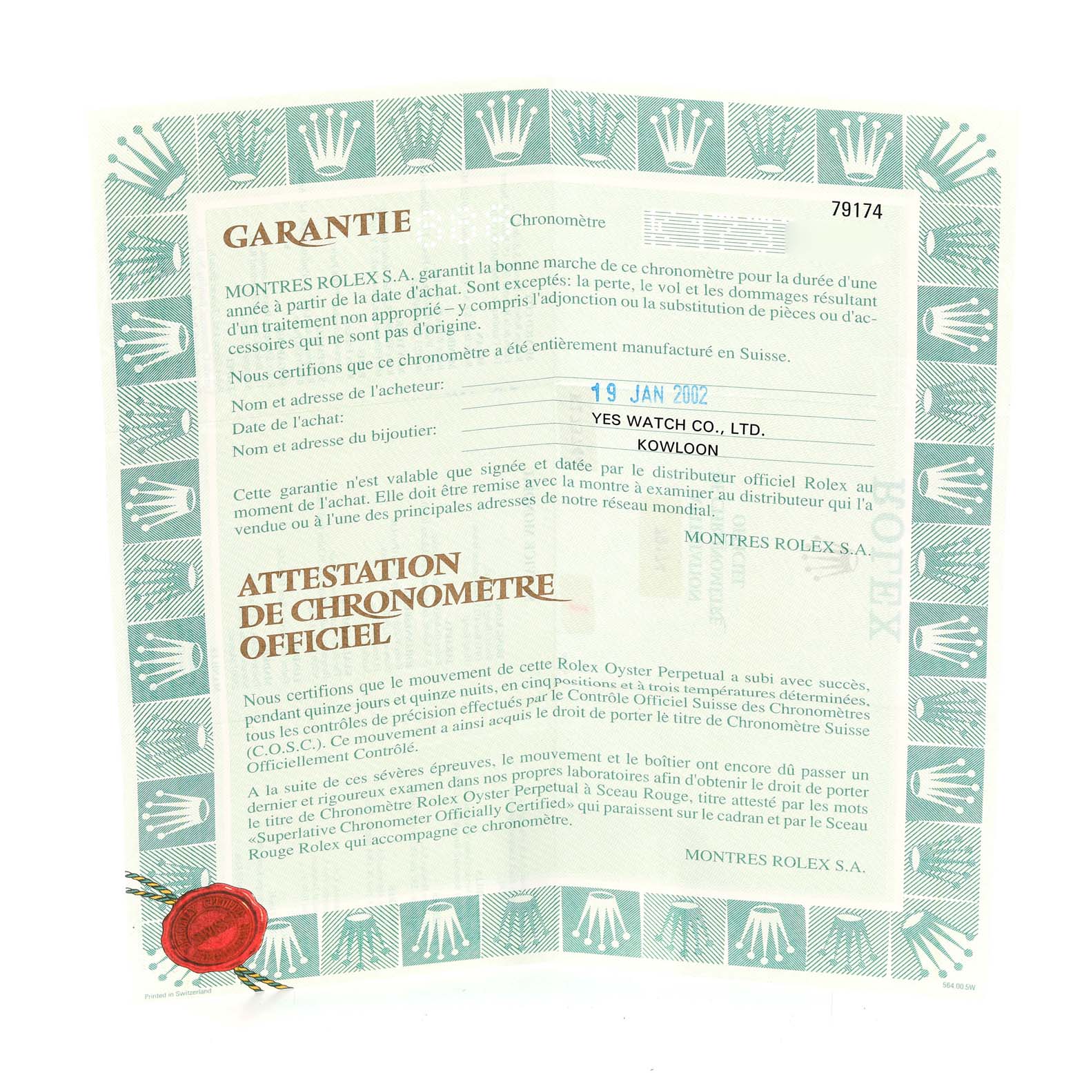 This image shows the warranty and official chronometer certification for a Rolex Datejust 79174 Women's Stainless Steel Pink Dial 79174 Women's Stainless Steel Pink Dial watch.