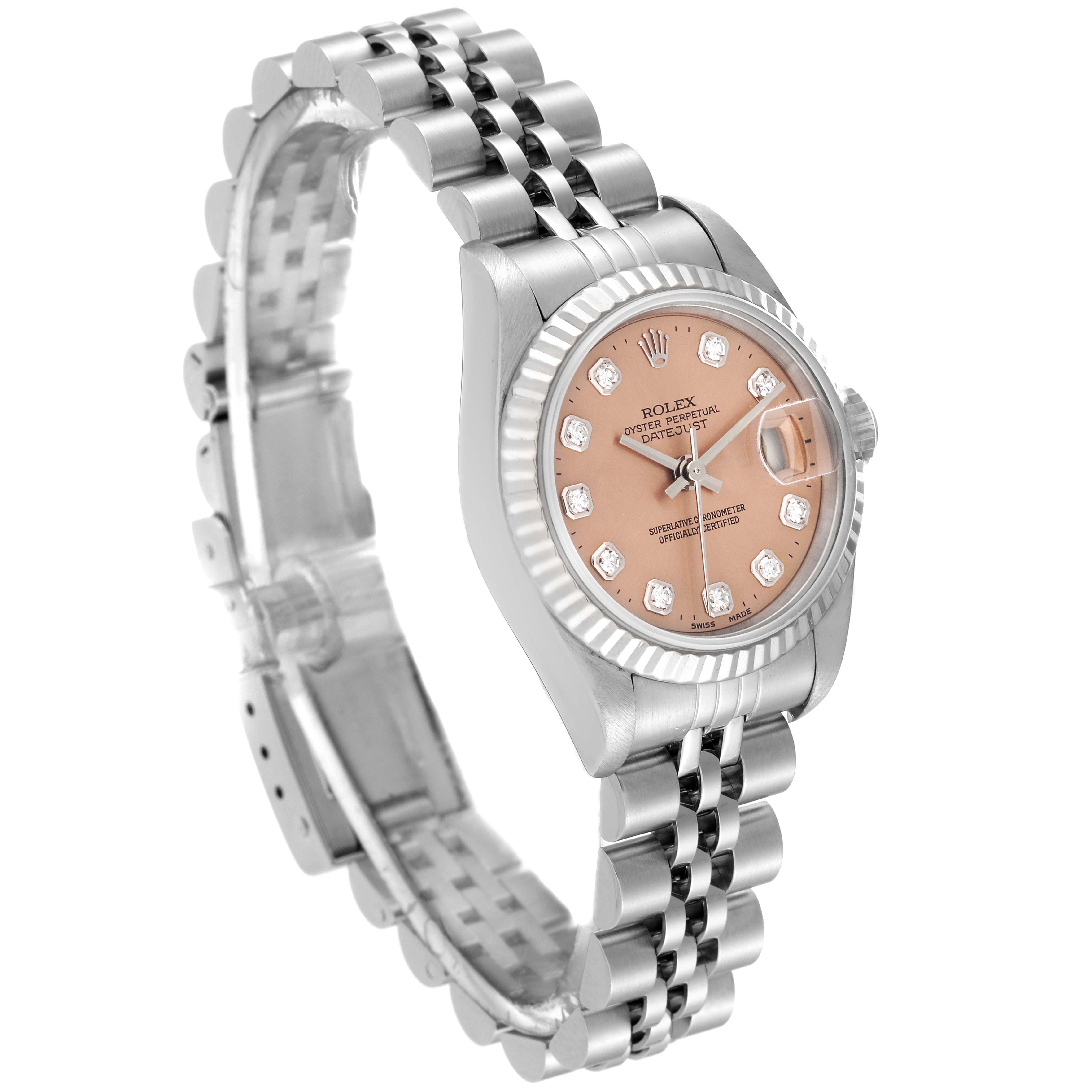 The image shows a Rolex Datejust 79174 Women's Stainless Steel Pink Dial 79174 Women's Stainless Steel Pink Dial watch from a three-quarter angle, highlighting its pink dial, diamond markers, and Jubilee bracelet.