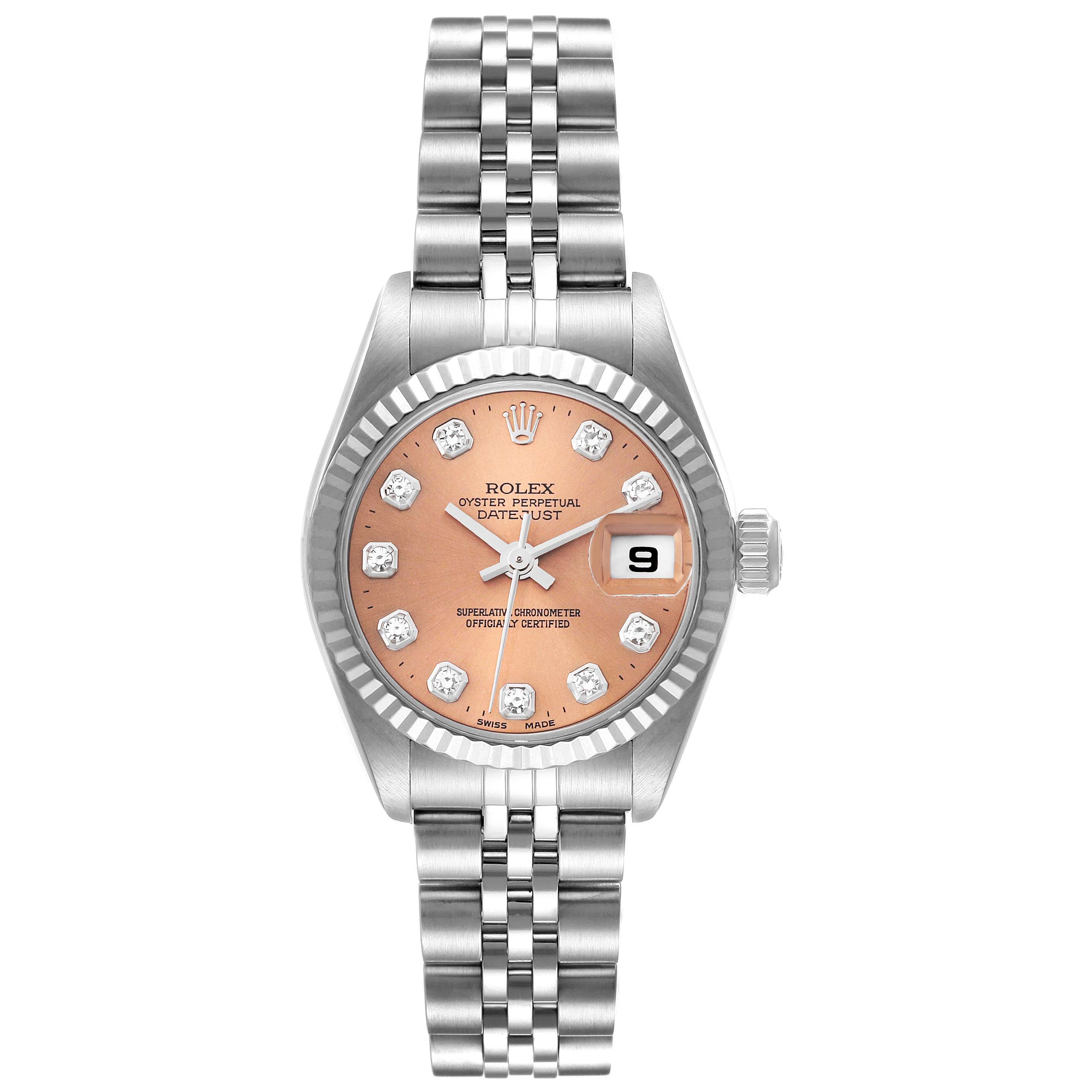 The image shows a full front view of a Rolex Datejust 79174 Women's Stainless Steel Pink Dial 79174 Women's Stainless Steel Pink Dial watch with a stainless steel bracelet and a diamond-accented pink dial.