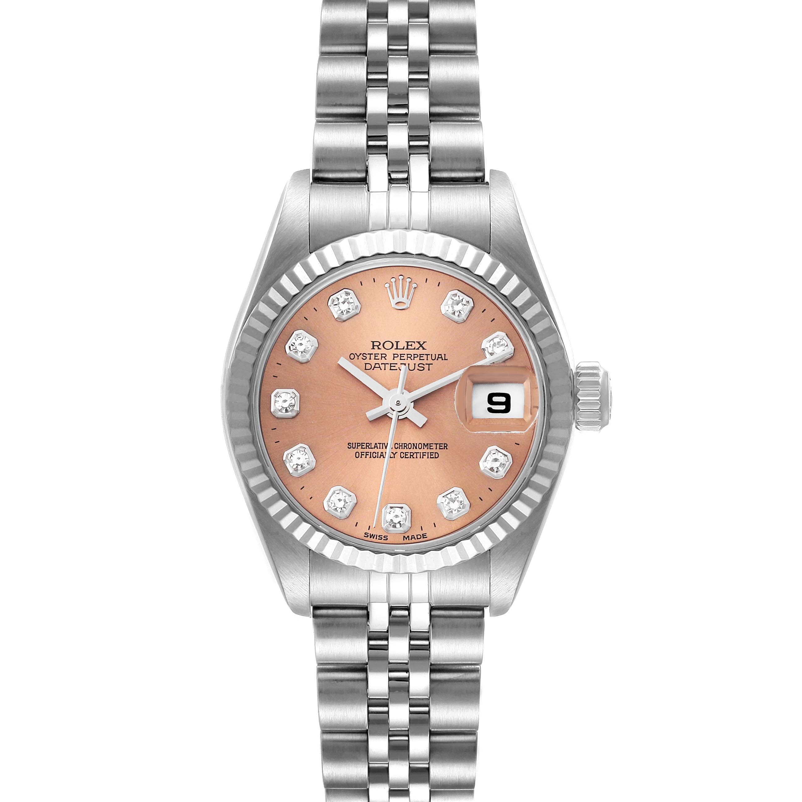 This Rolex Datejust 79174 Women's Stainless Steel Pink Dial 79174 Women's Stainless Steel Pink Dial watch is shown from a front angle, highlighting the dial, bezel, and bracelet.